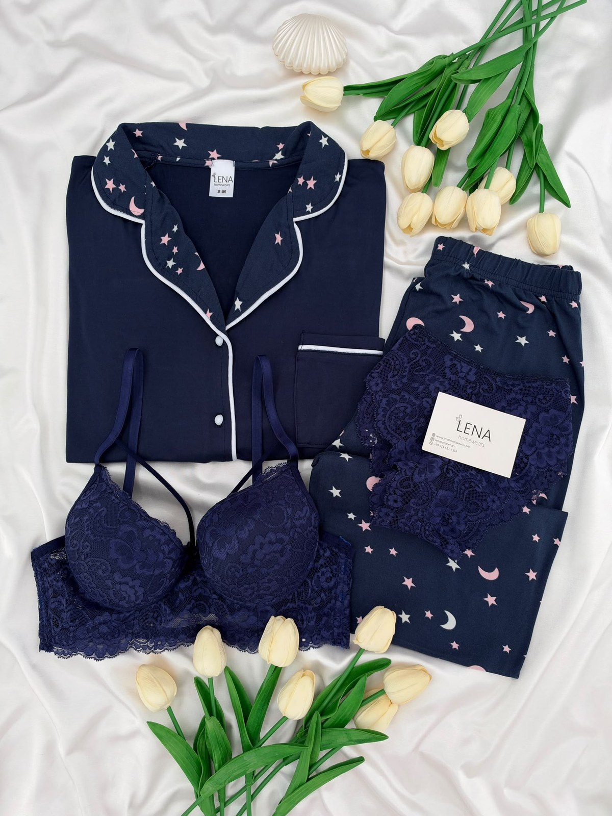 Lacivert Yıldız & Ay Desenli Milan Uzun Kollu 4'lü Pijama Takımı