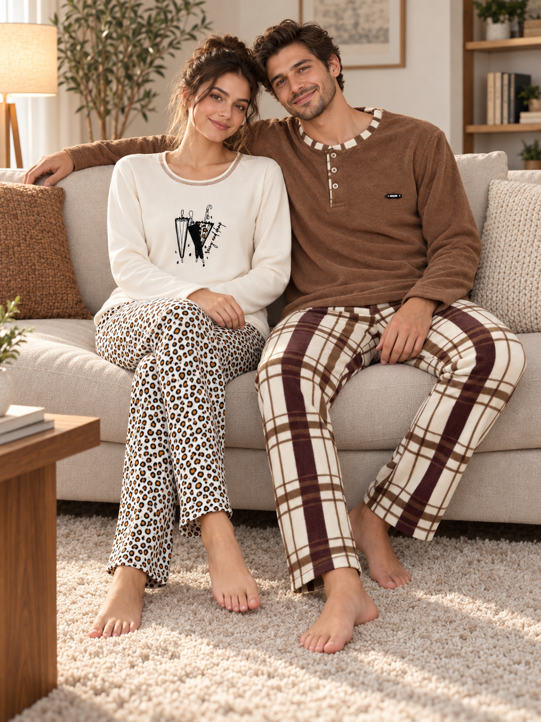 Leopar ve Kahve Ekose Günlük Rahat Sevgili Çift Uzun Kollu Pijama Takımı (2'li Set)