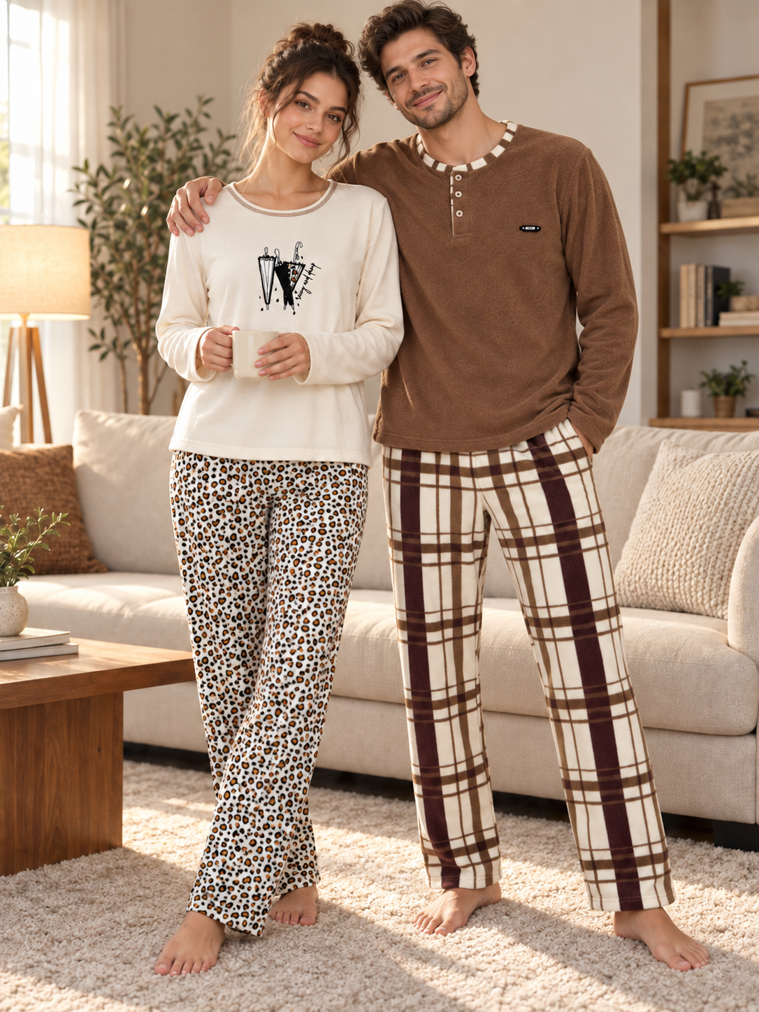 Leopar ve Kahve Ekose Günlük Rahat Sevgili Çift Uzun Kollu Pijama Takımı (2'li Set)
