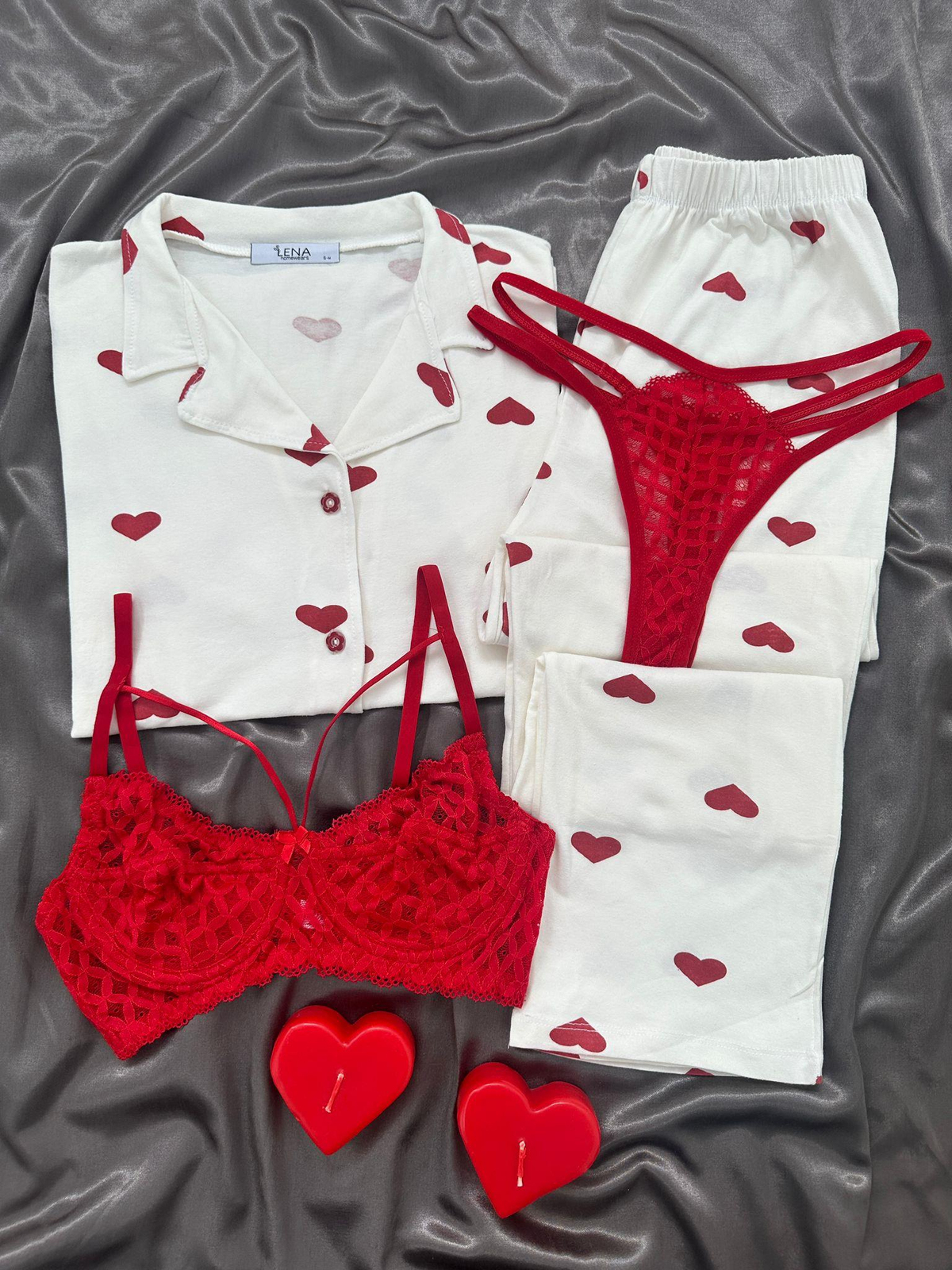 Love You 4'lü Kalpli Kısa Kollu Pamuklu Pijama Takımı