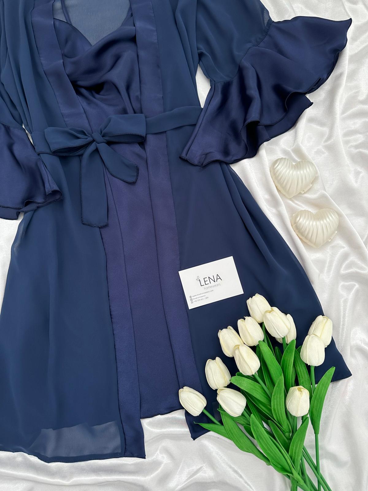 Luxury Chane Lacivert ikili Gecelik & Sabahlık Takımı 