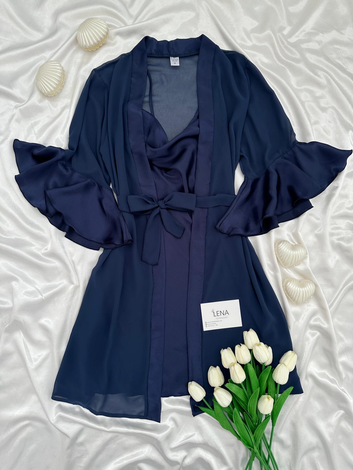 Luxury Chane Lacivert ikili Gecelik & Sabahlık Takımı 