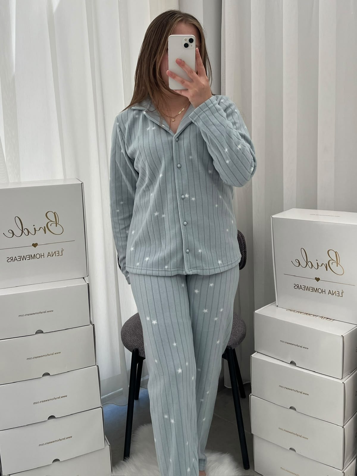 Mint Yıldız Desenli Kadın Polar Pijama Takımı