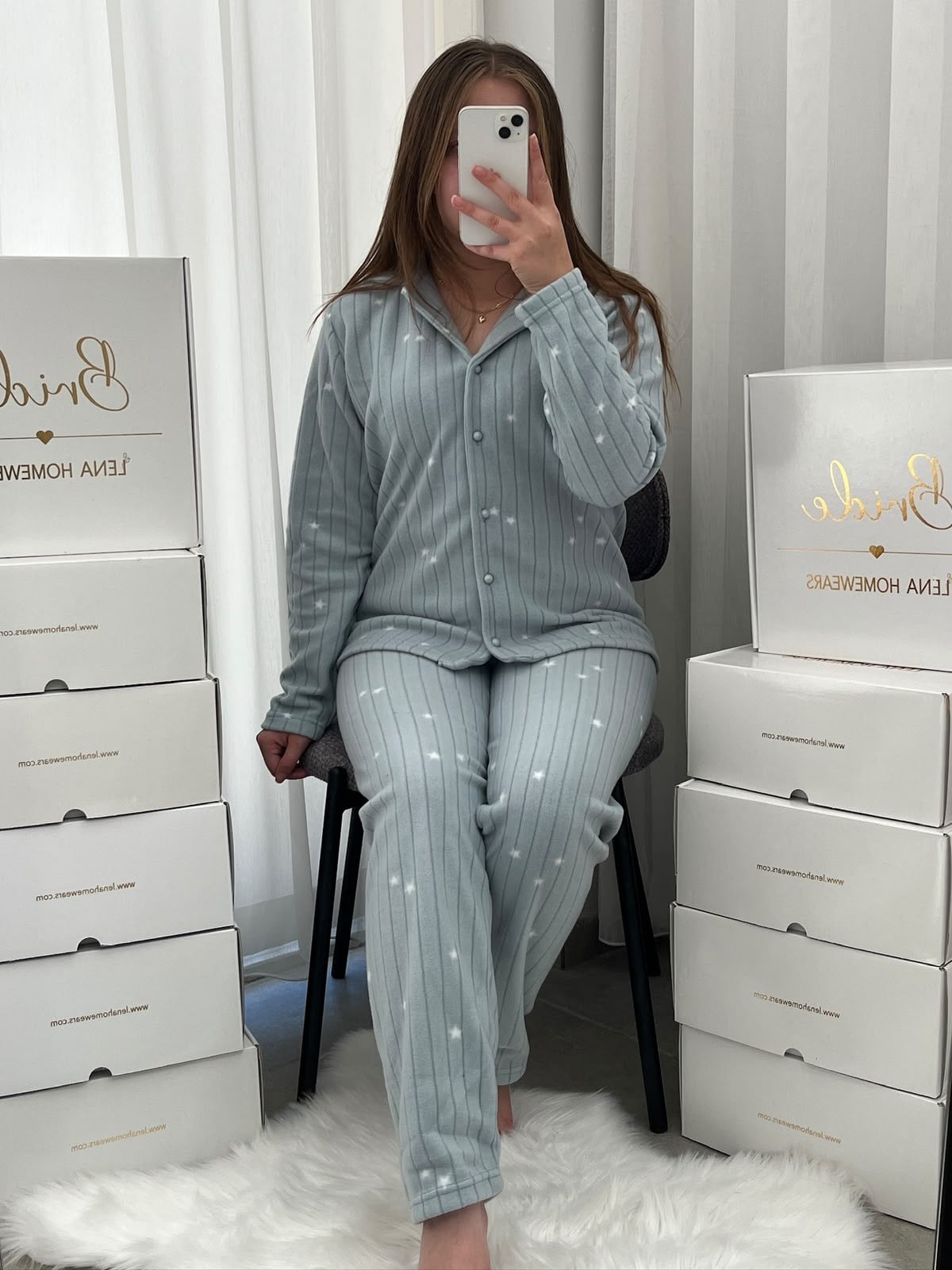 Mint Yıldız Desenli Kadın Polar Pijama Takımı