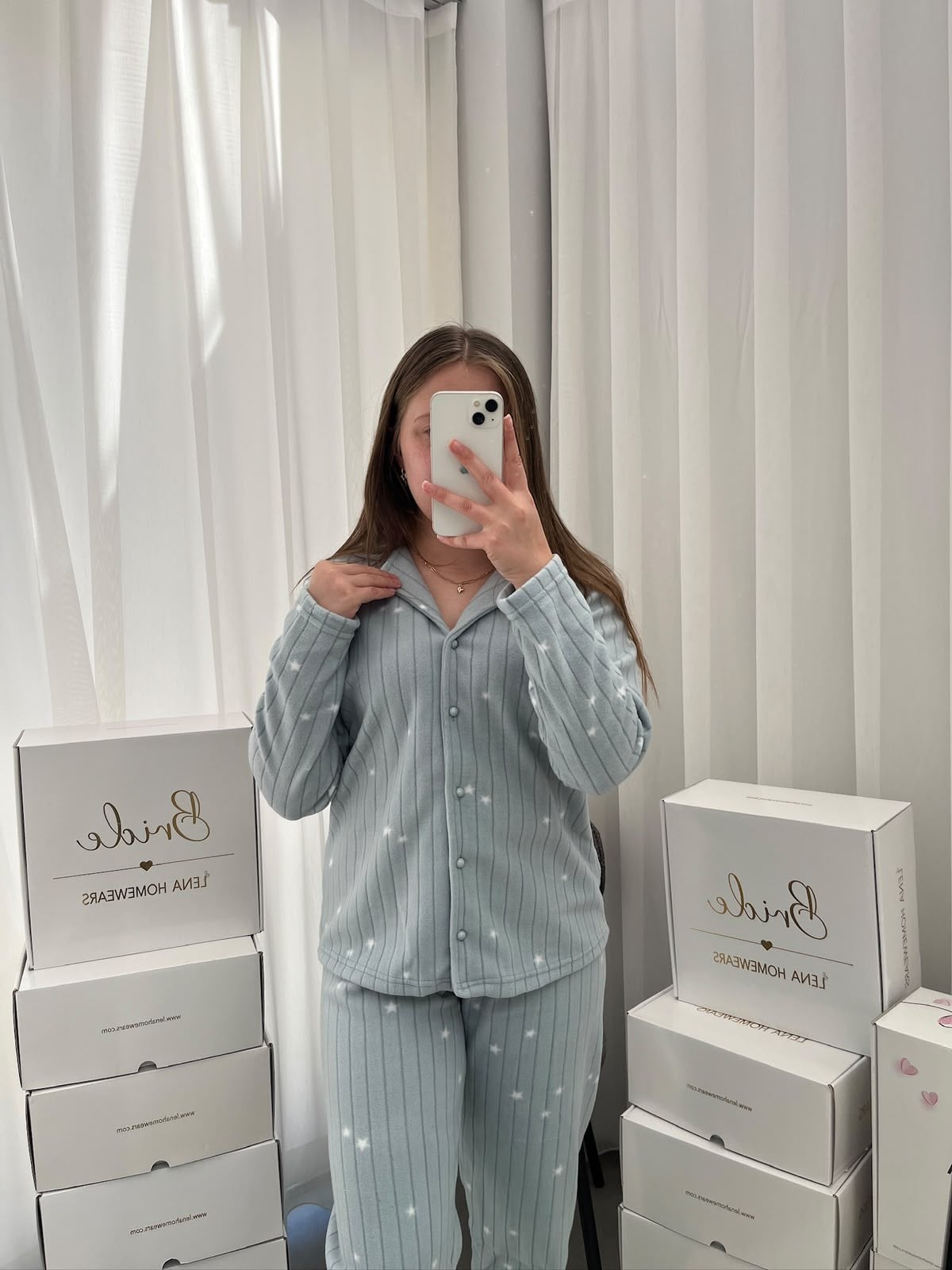 Mint Yıldız Desenli Kadın Polar Pijama Takımı
