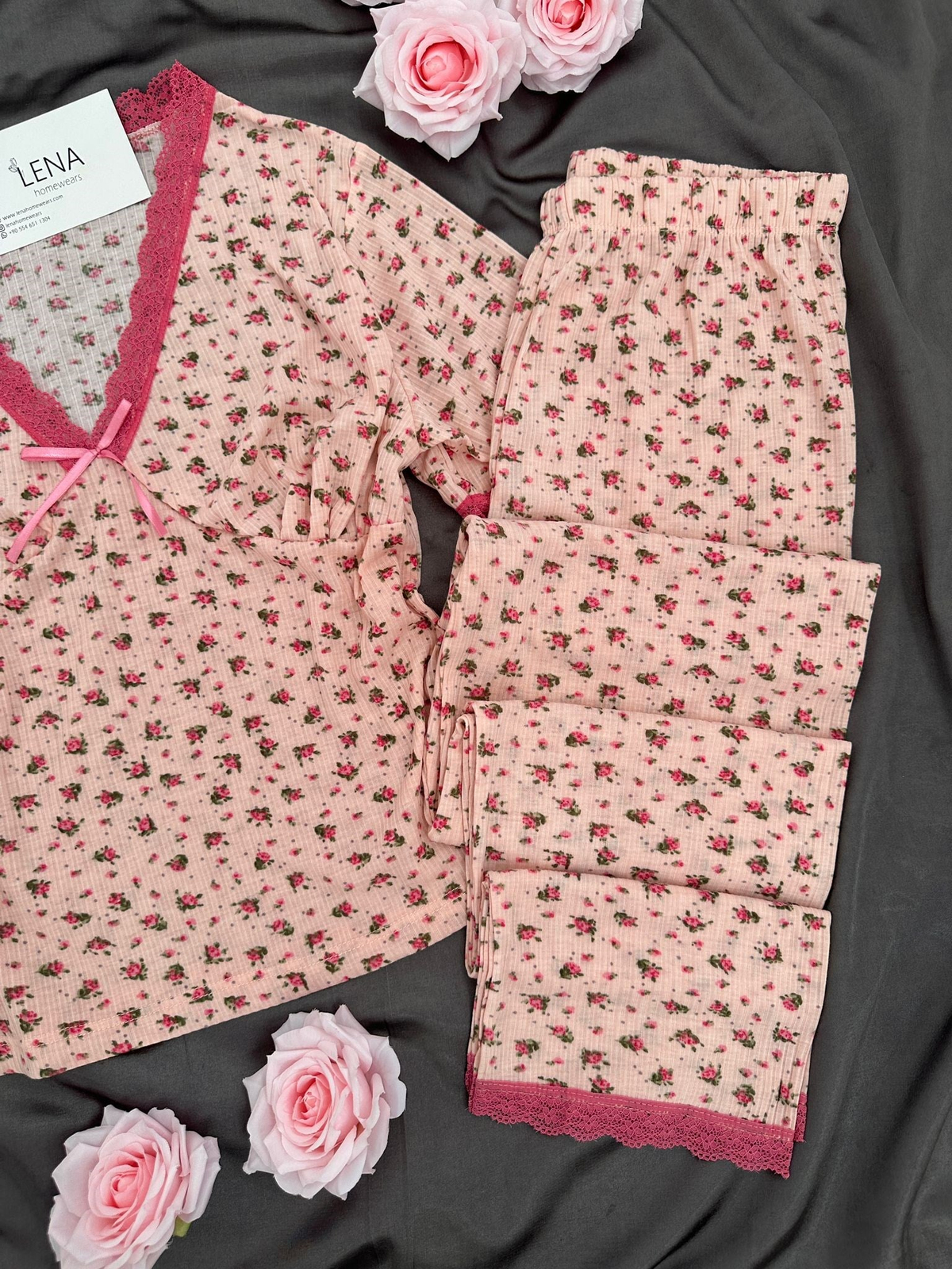 Mor Çiçek Kısa Kollu Raporlu Pijama Takımı