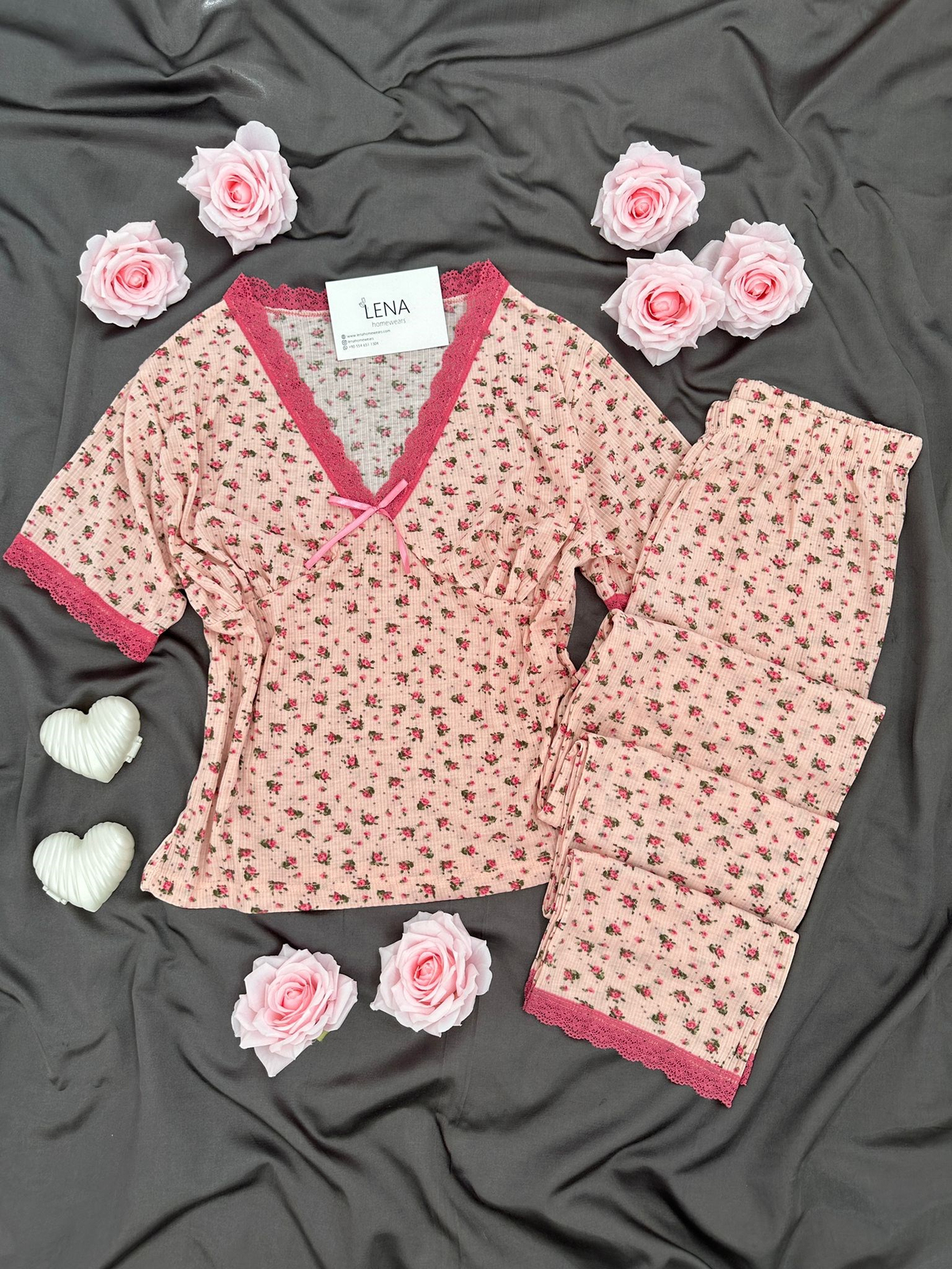 Mor Çiçek Kısa Kollu Raporlu Pijama Takımı
