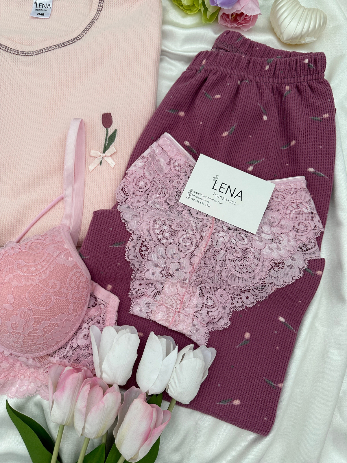 Mürdüm Lale Desenli 4'lü Waffle Pijama Takımı