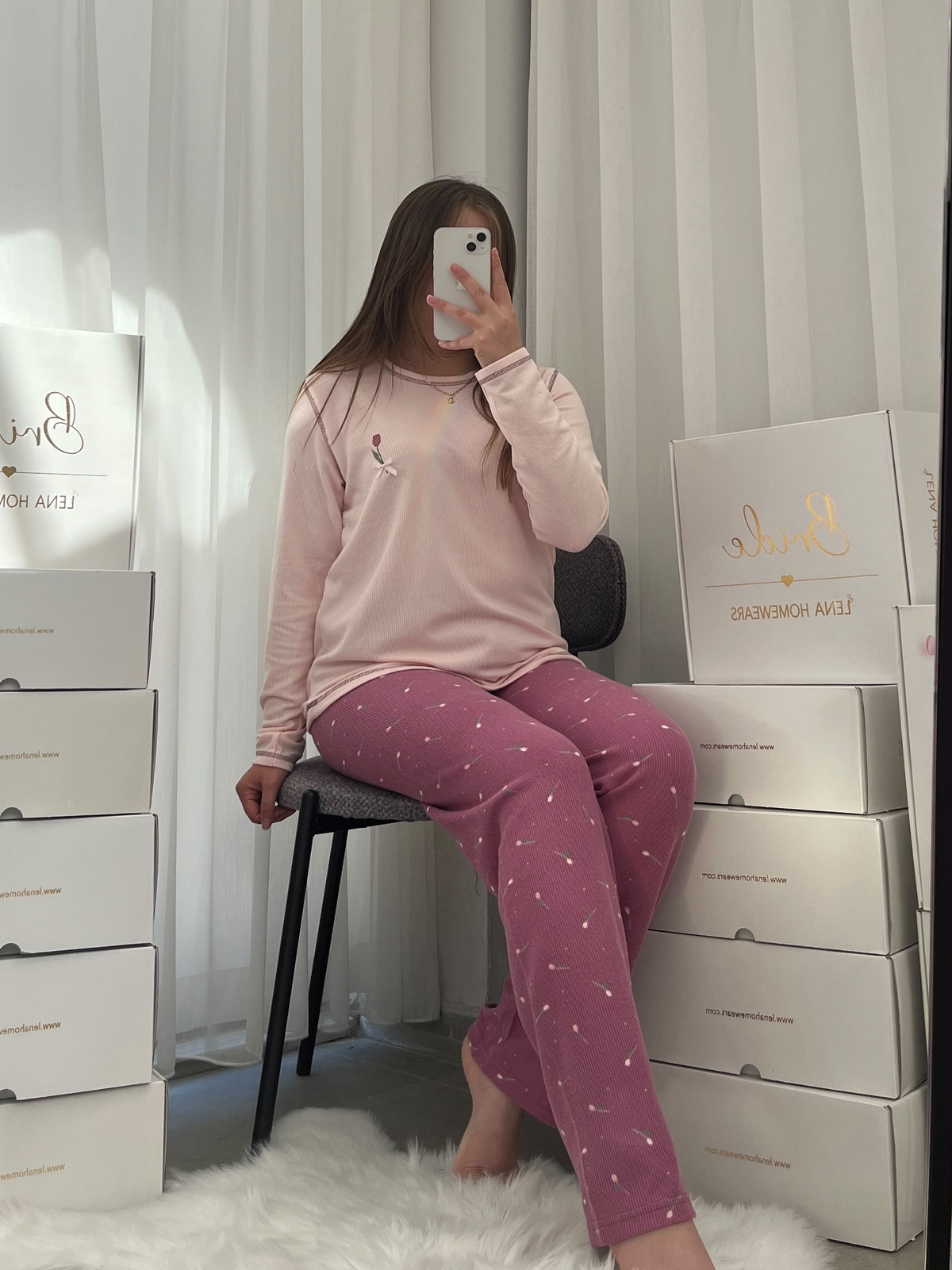 Mürdüm Lale İşlemeli 4'lü Waffle Pijama Takımı