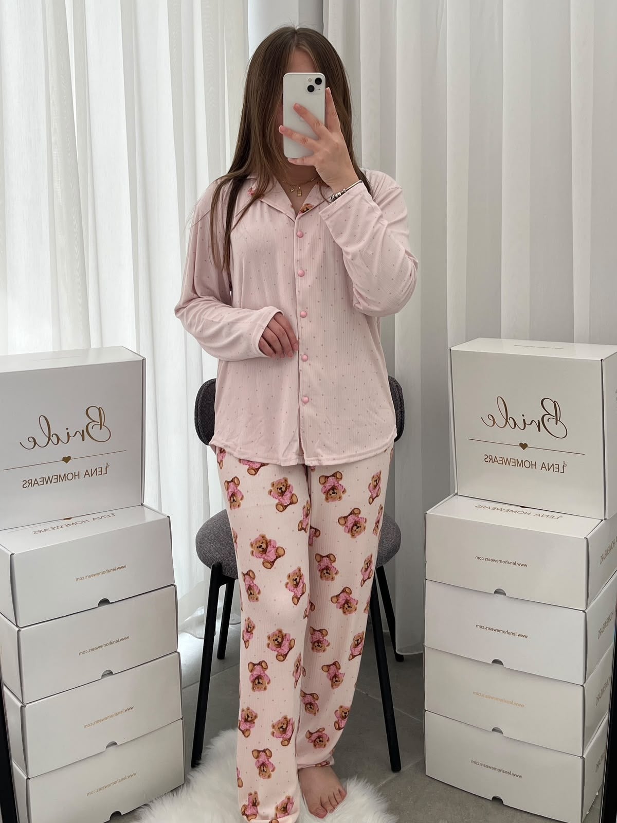 Pembe Ayıcık Desenli Uzun Kollu Pijama Takımı