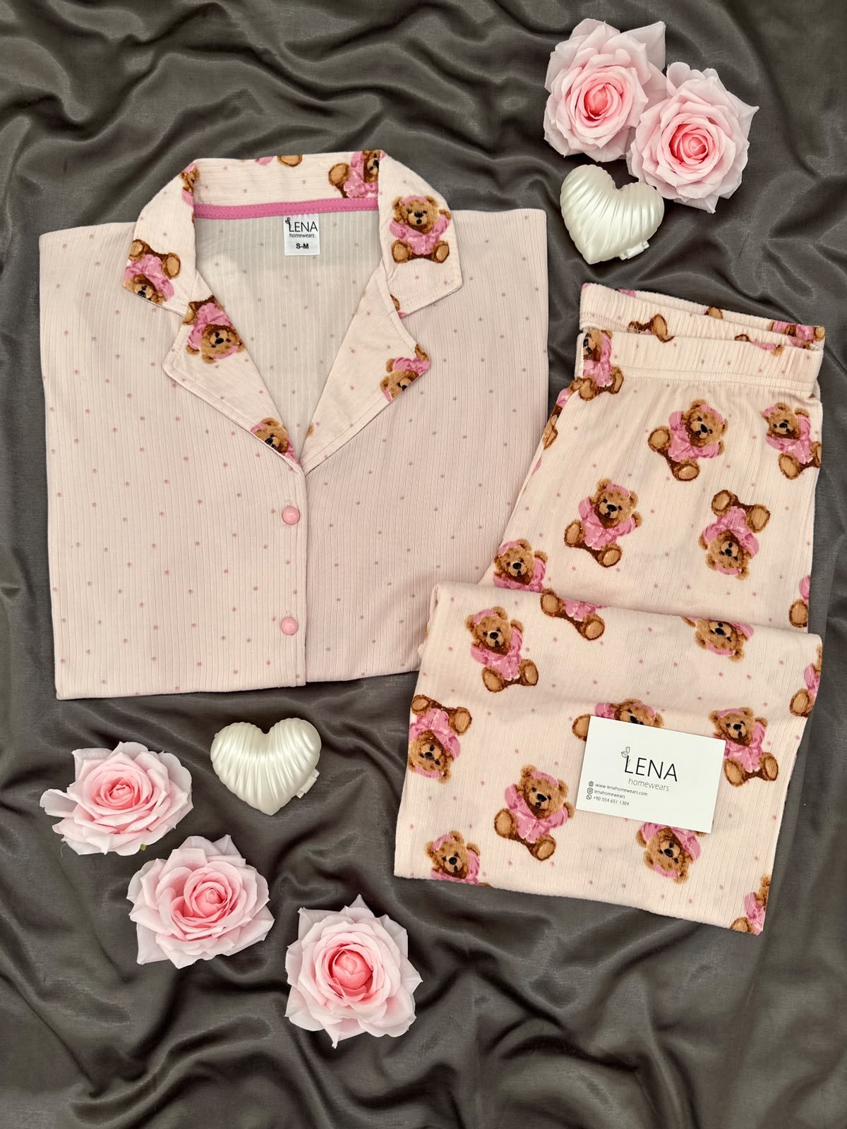 Pembe Ayıcık Desenli Uzun Kollu Pijama Takımı