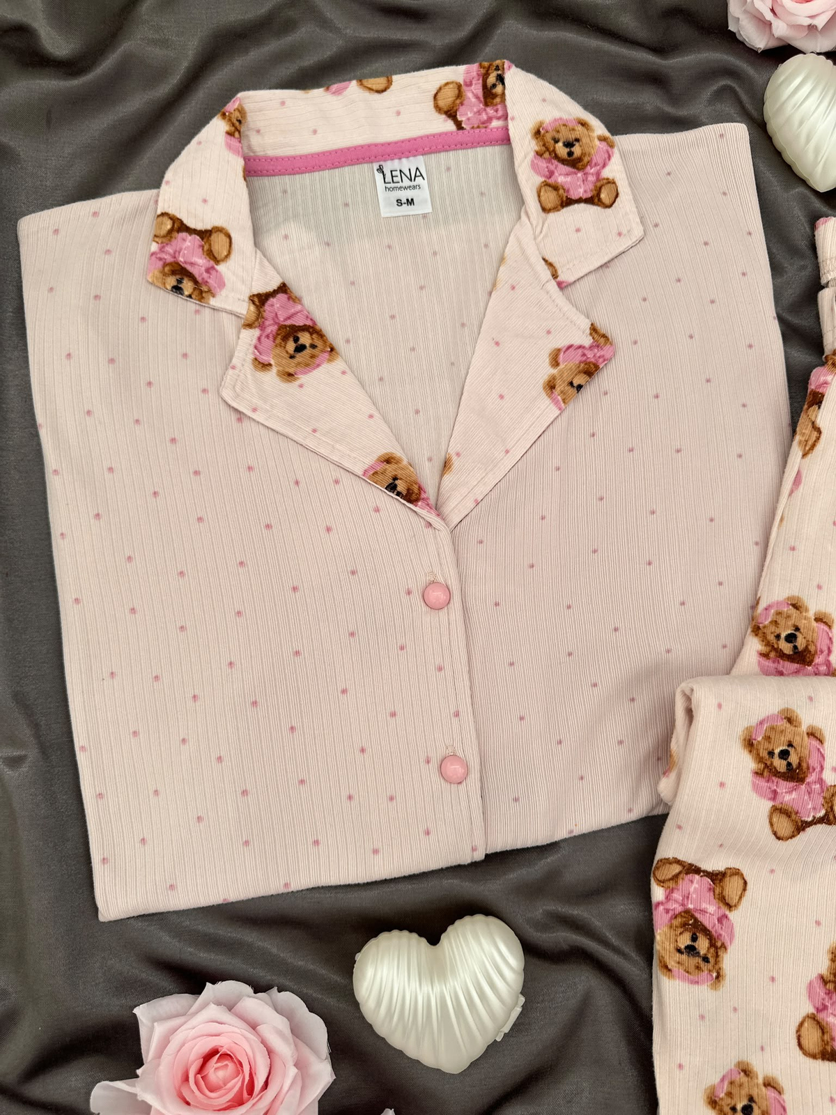 Pembe Ayıcık Desenli Uzun Kollu Pijama Takımı
