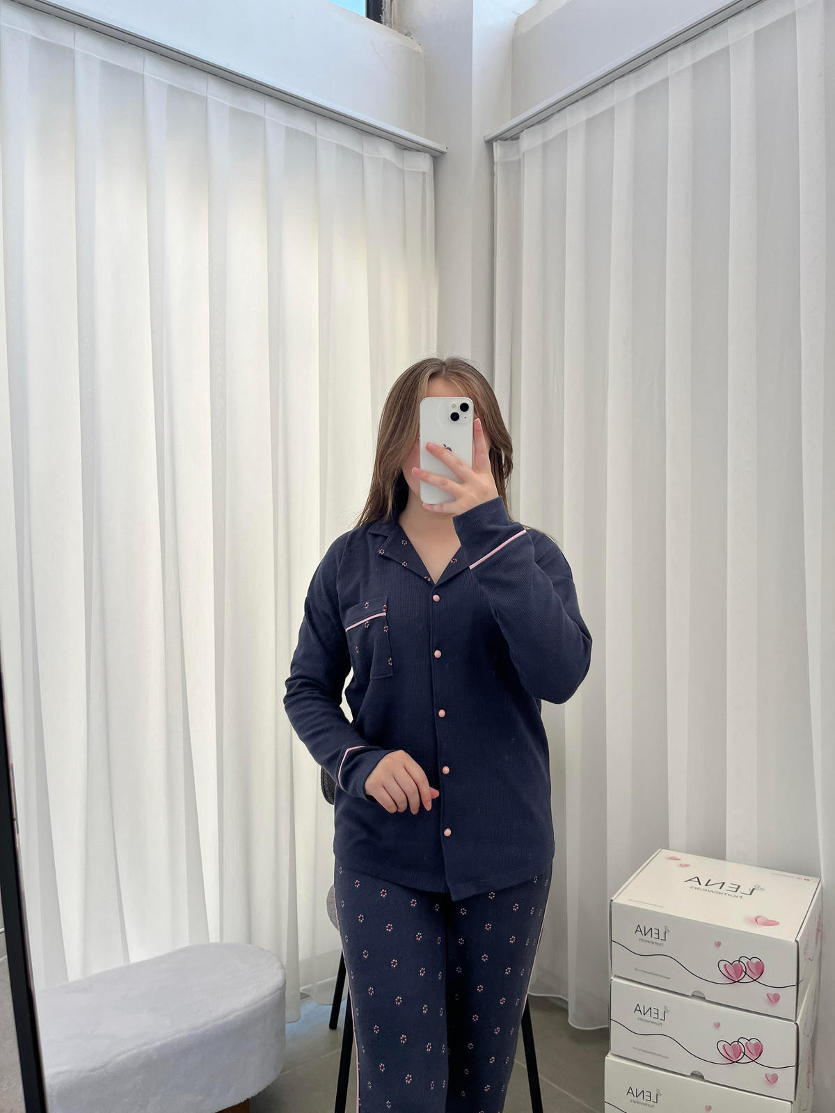 Pembe Çiçek Desenli Füme Waffle Premium Pijama Takımı