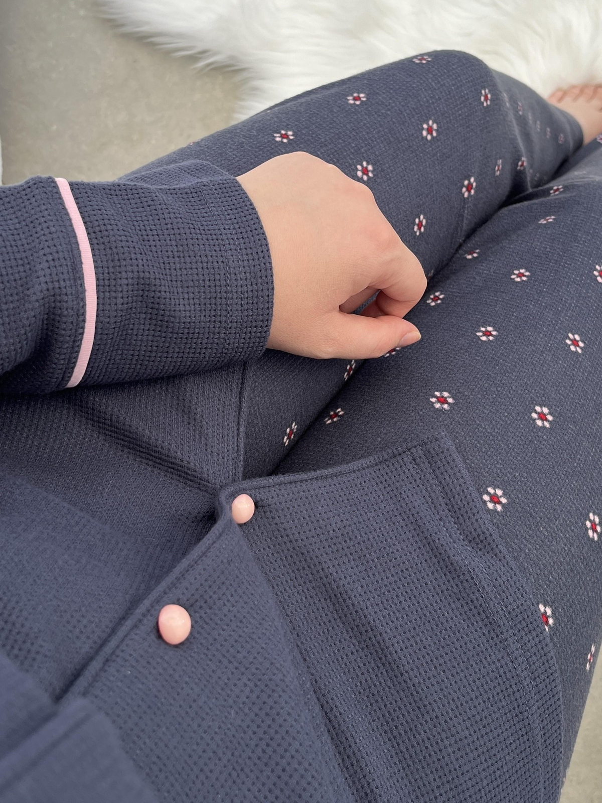 Pembe Çiçek Desenli Füme Waffle Premium Pijama Takımı