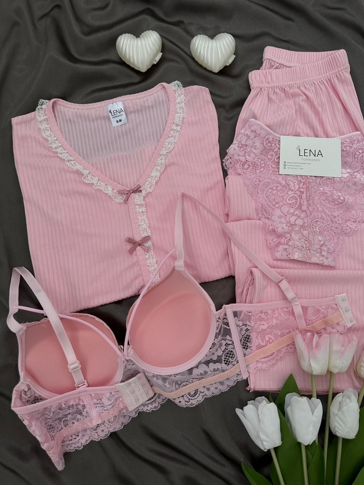 Pembe Dantel Detaylı 4'lü Berlin Pijama Takımı