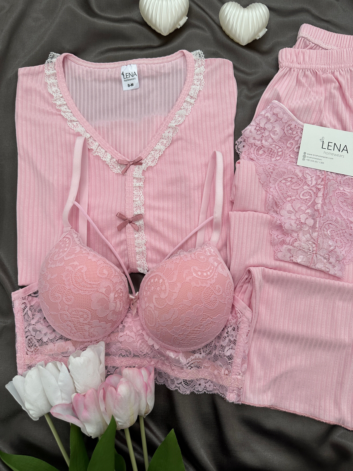 Pembe Dantel Detaylı 4'lü Berlin Pijama Takımı