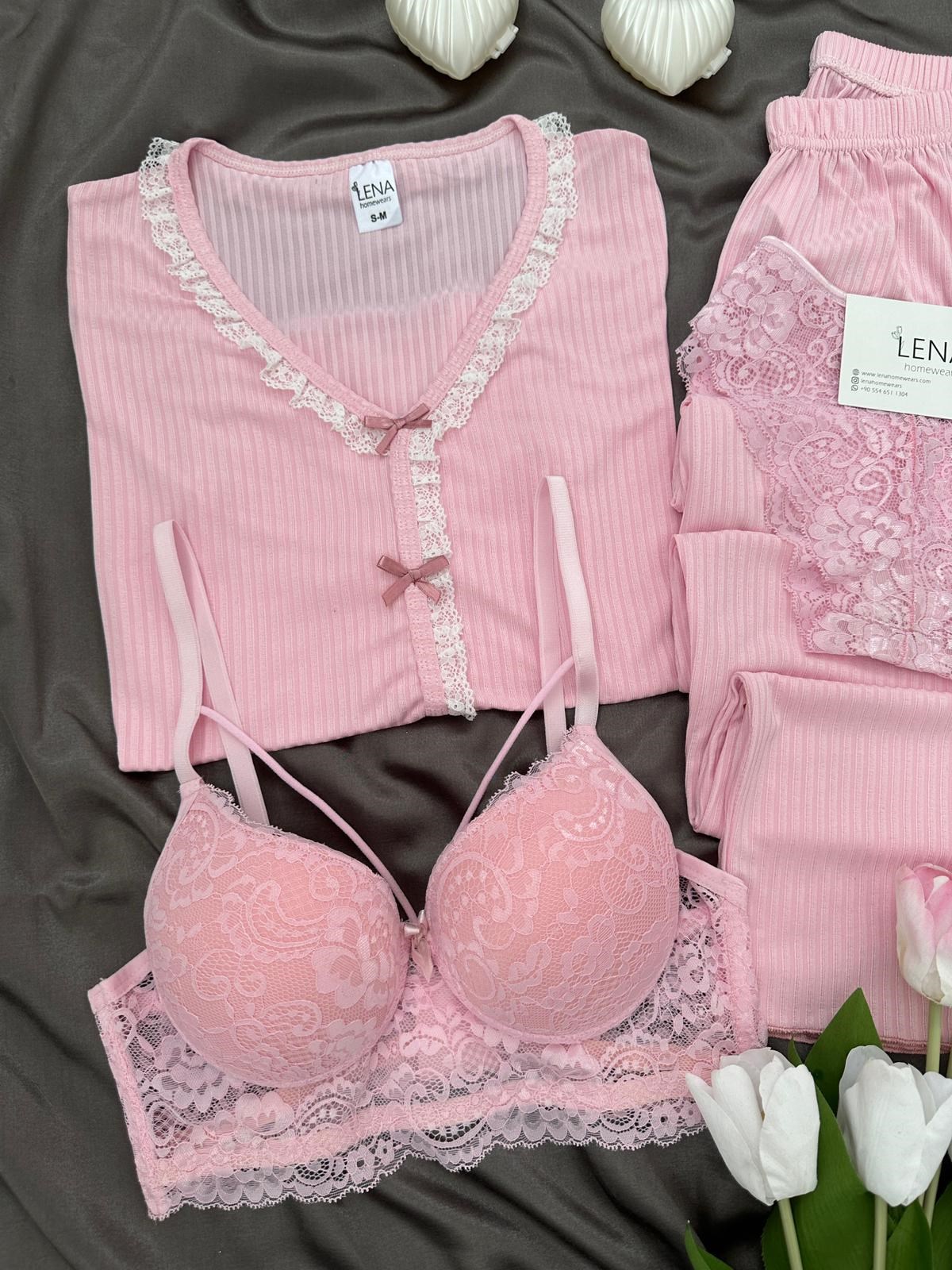 Pembe Dantel Detaylı 4'lü Berlin Pijama Takımı