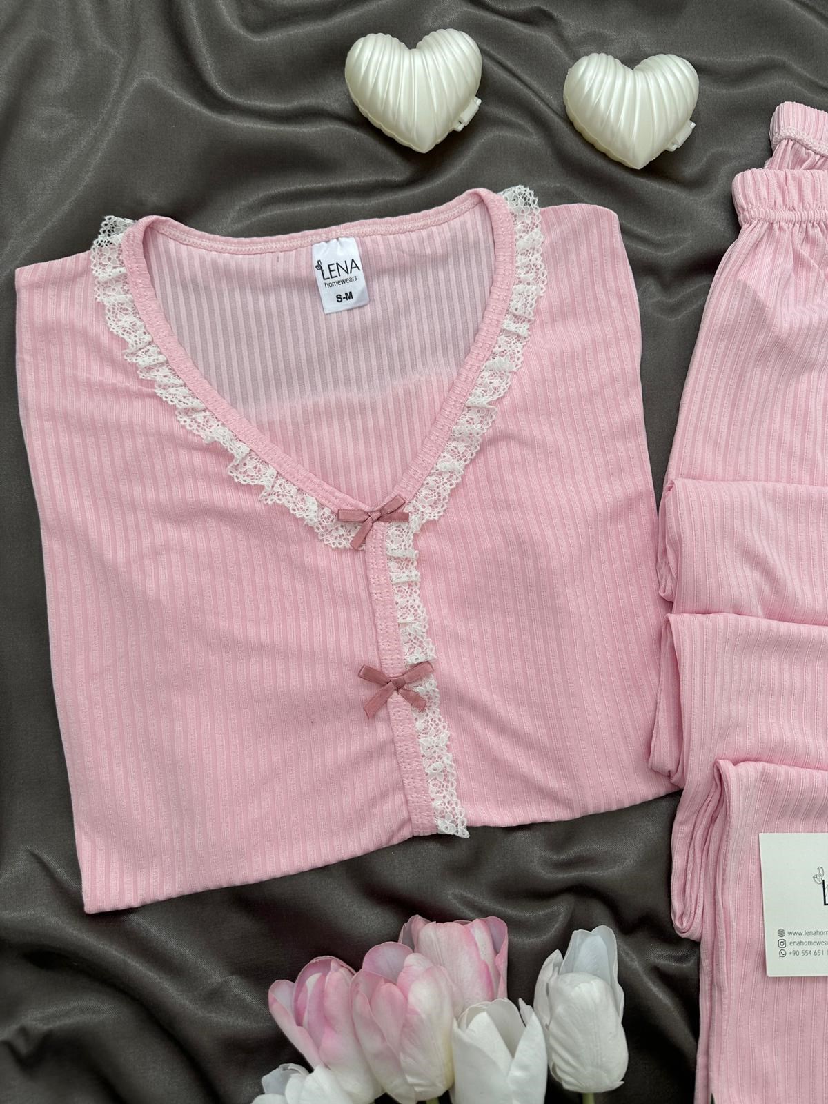 Pembe Dantel Detaylı Berlin Pijama Takımı