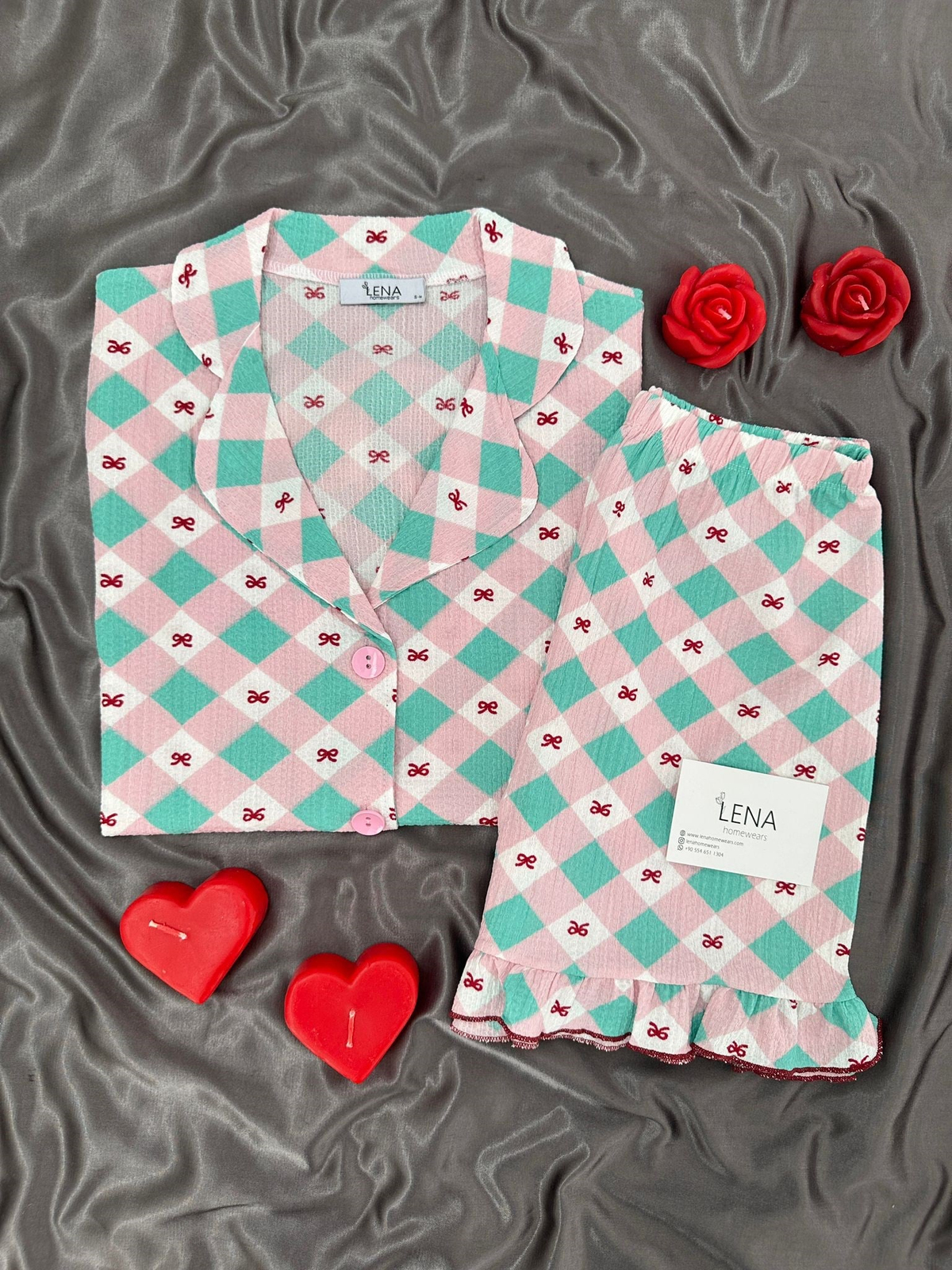 Pembe Ekose Bürümcük Şortlu Pijama Takımı