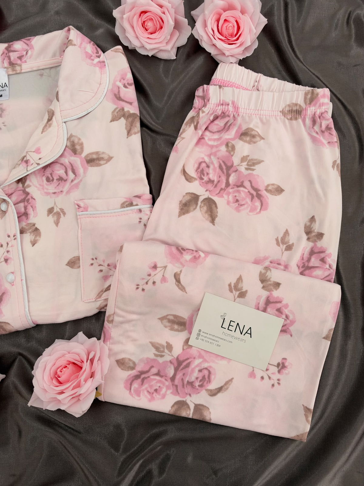 Pembe Gül Desenli Pudra Milan Uzun Kollu Pijama Takımı