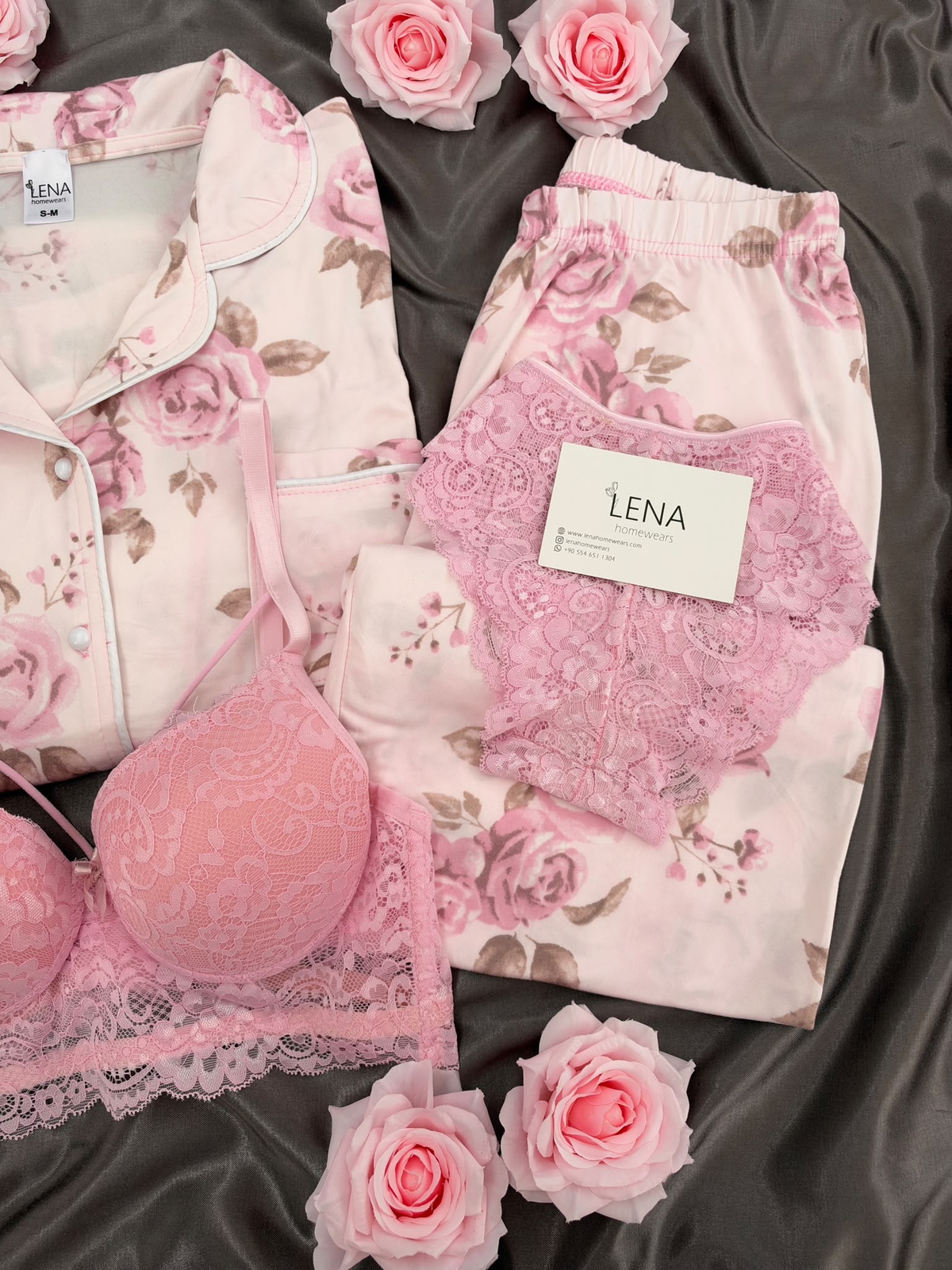 Pembe Gül Desenli Pudra Milan Uzun Kollu 4'lü Pijama Takımı