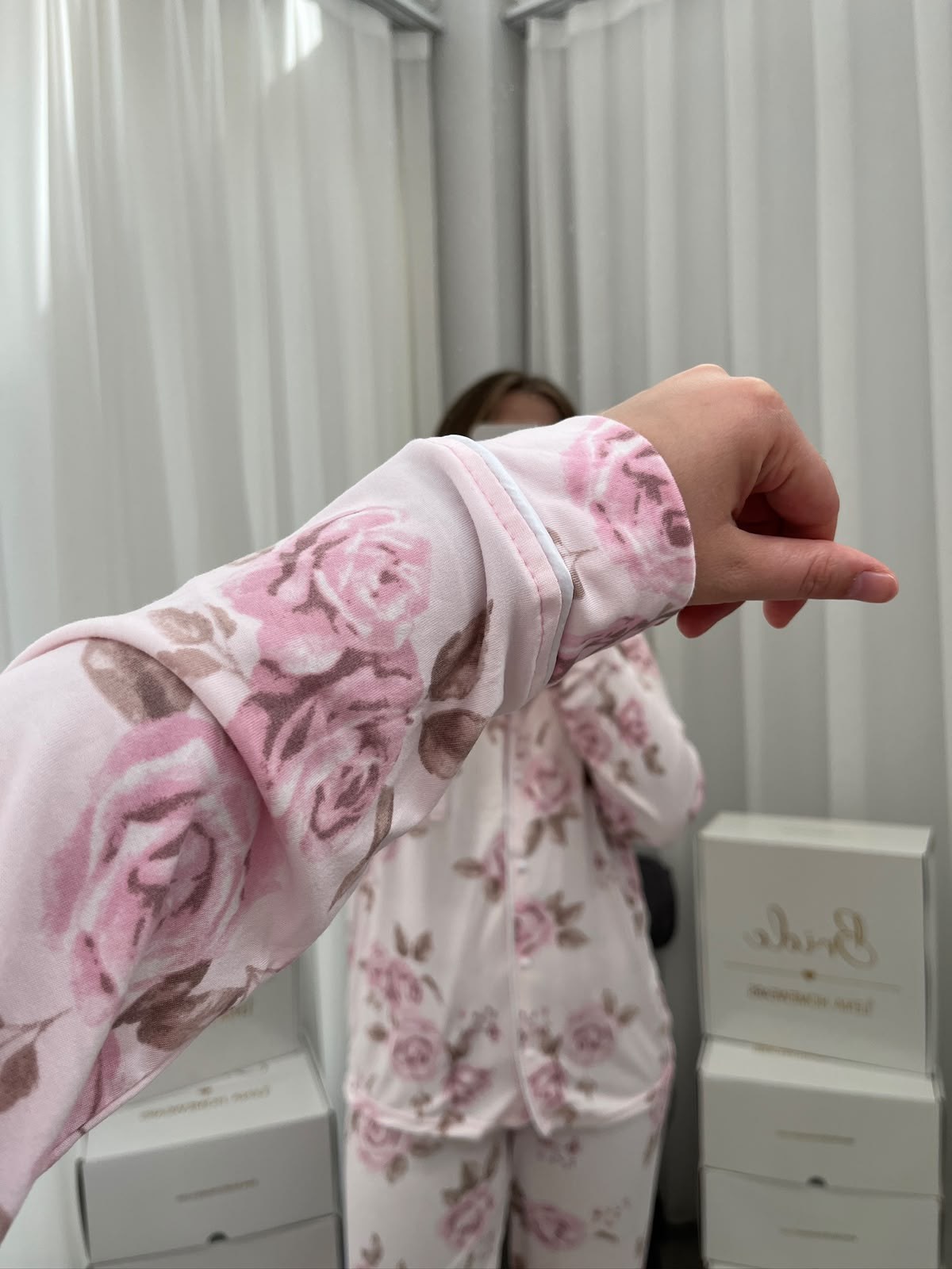 Pembe Gül Desenli Pudra Milan Uzun Kollu 4'lü Pijama Takımı
