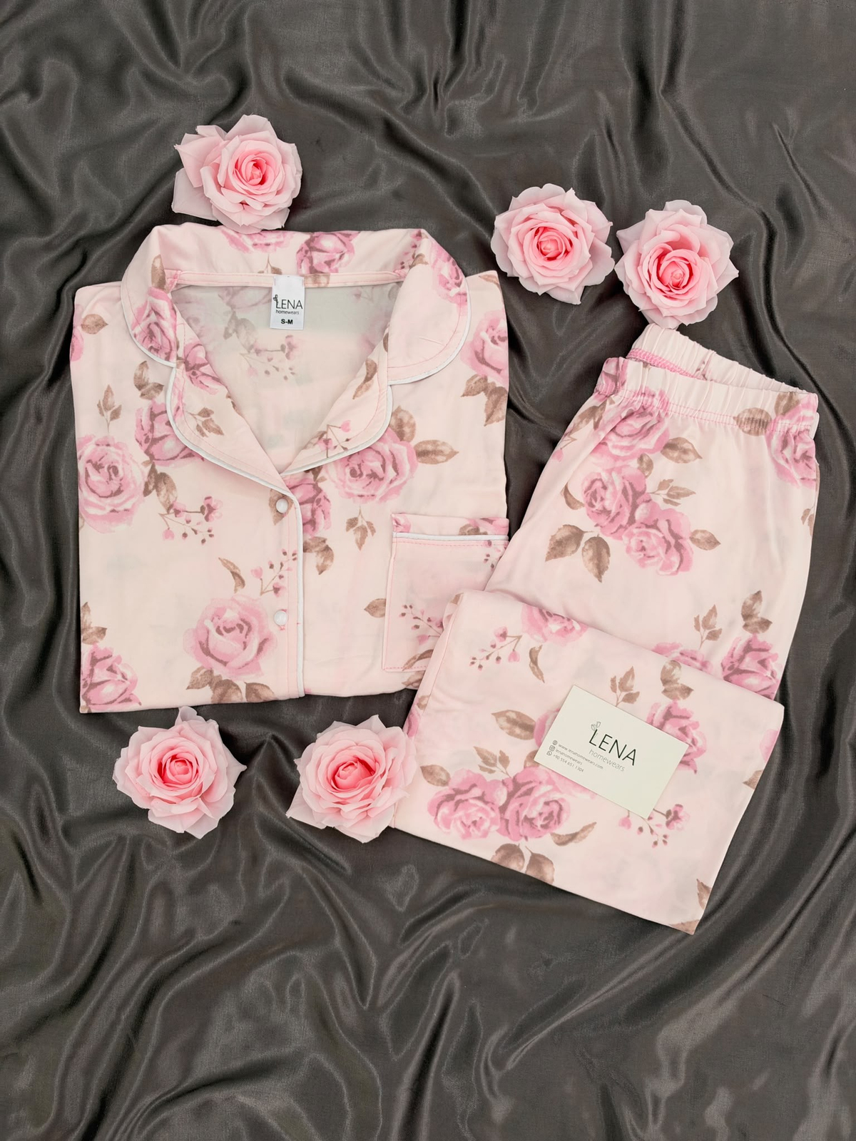 Pembe Gül Desenli Pudra Milan Uzun Kollu Pijama Takımı
