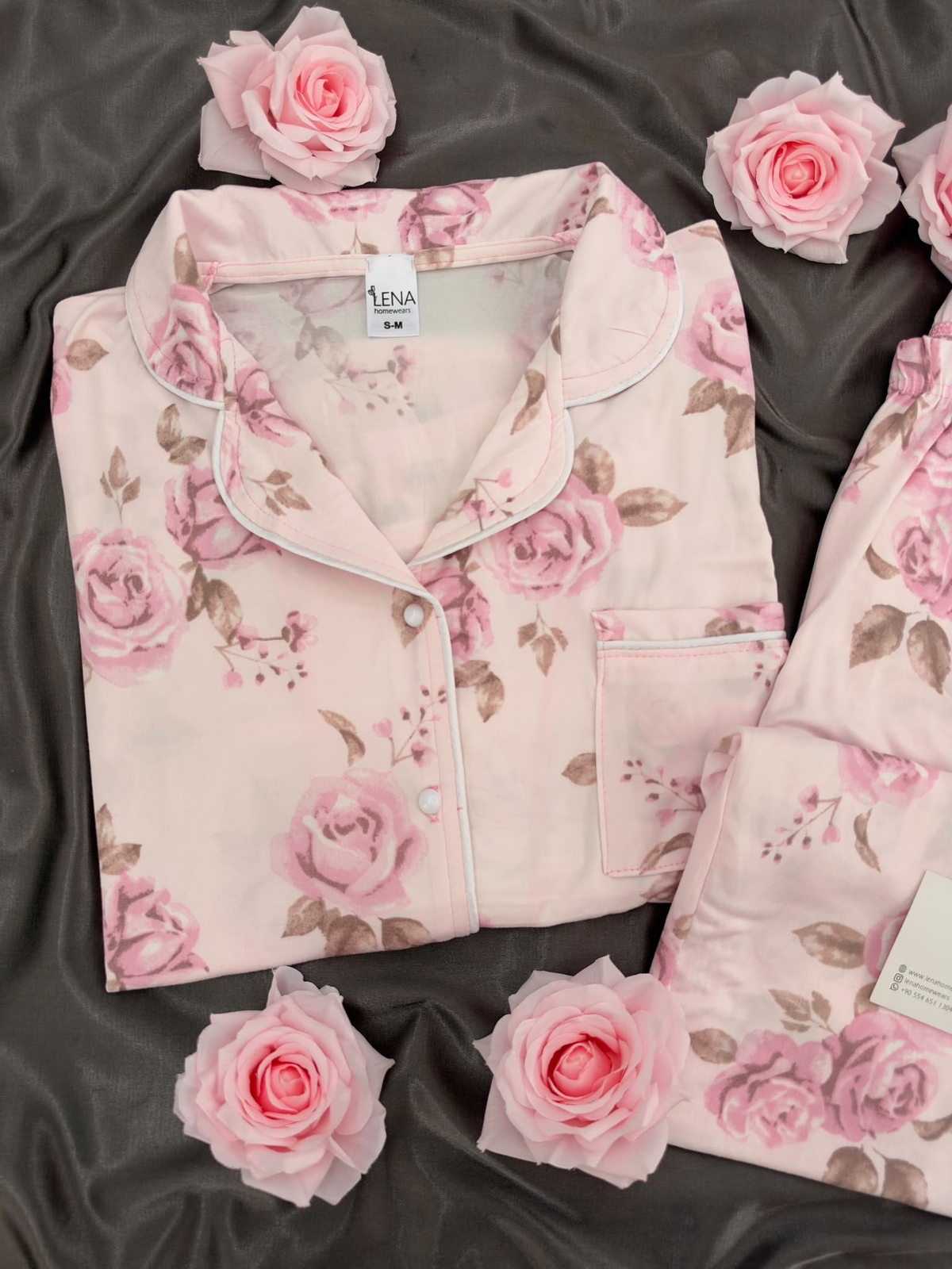 Pembe Gül Desenli Pudra Milan Uzun Kollu Pijama Takımı