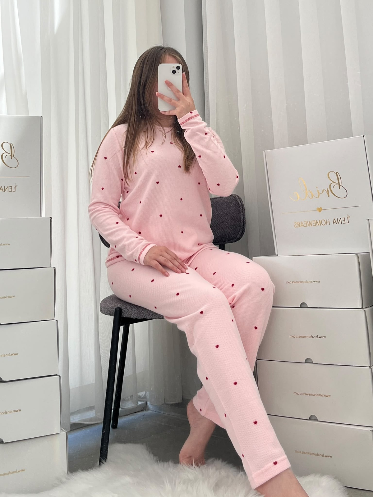 Pembe Kalp Desenli 4'lü Waffle Pijama Takımı