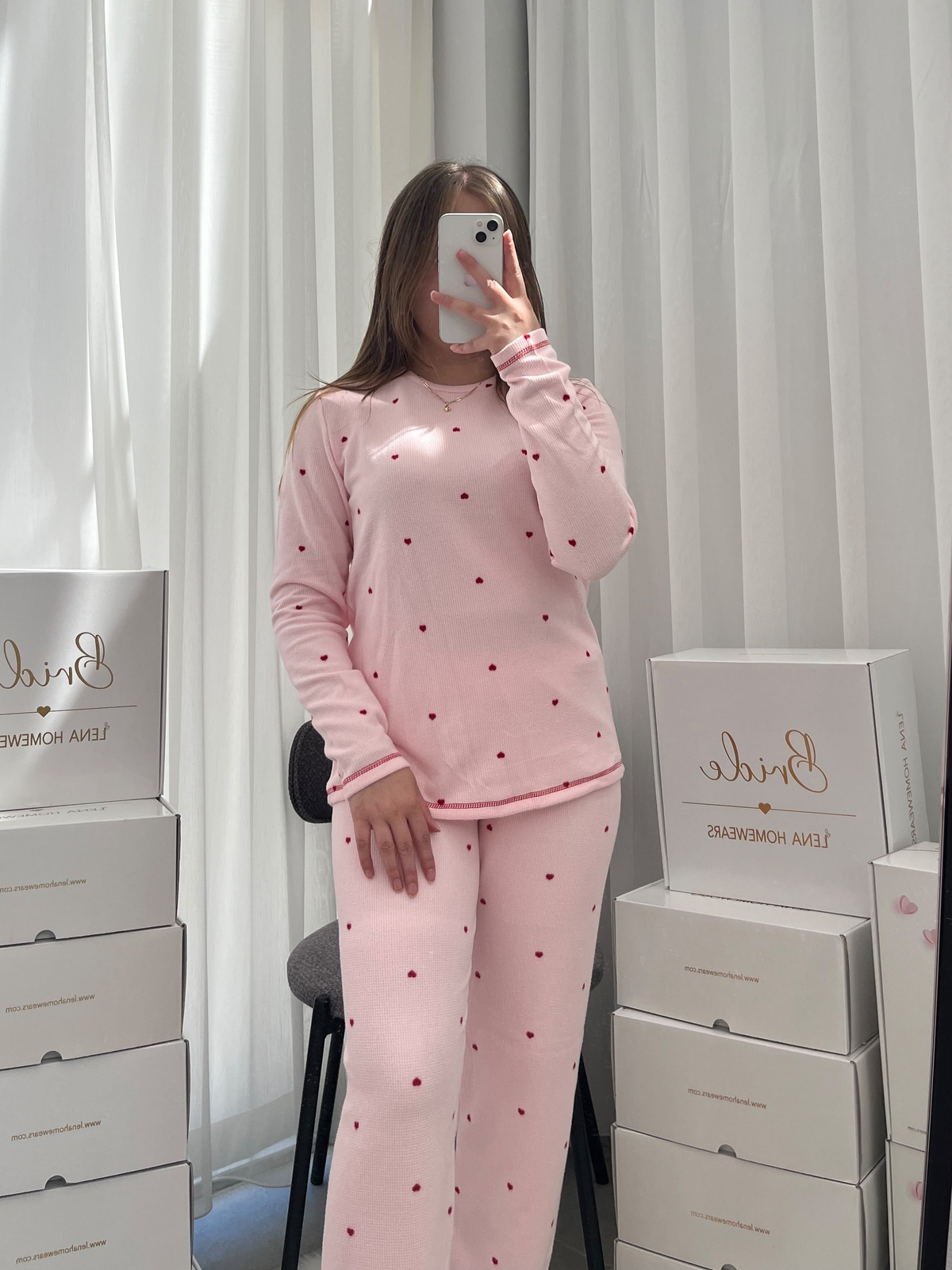 Pembe Kalp Desenli 4'lü Waffle Pijama Takımı