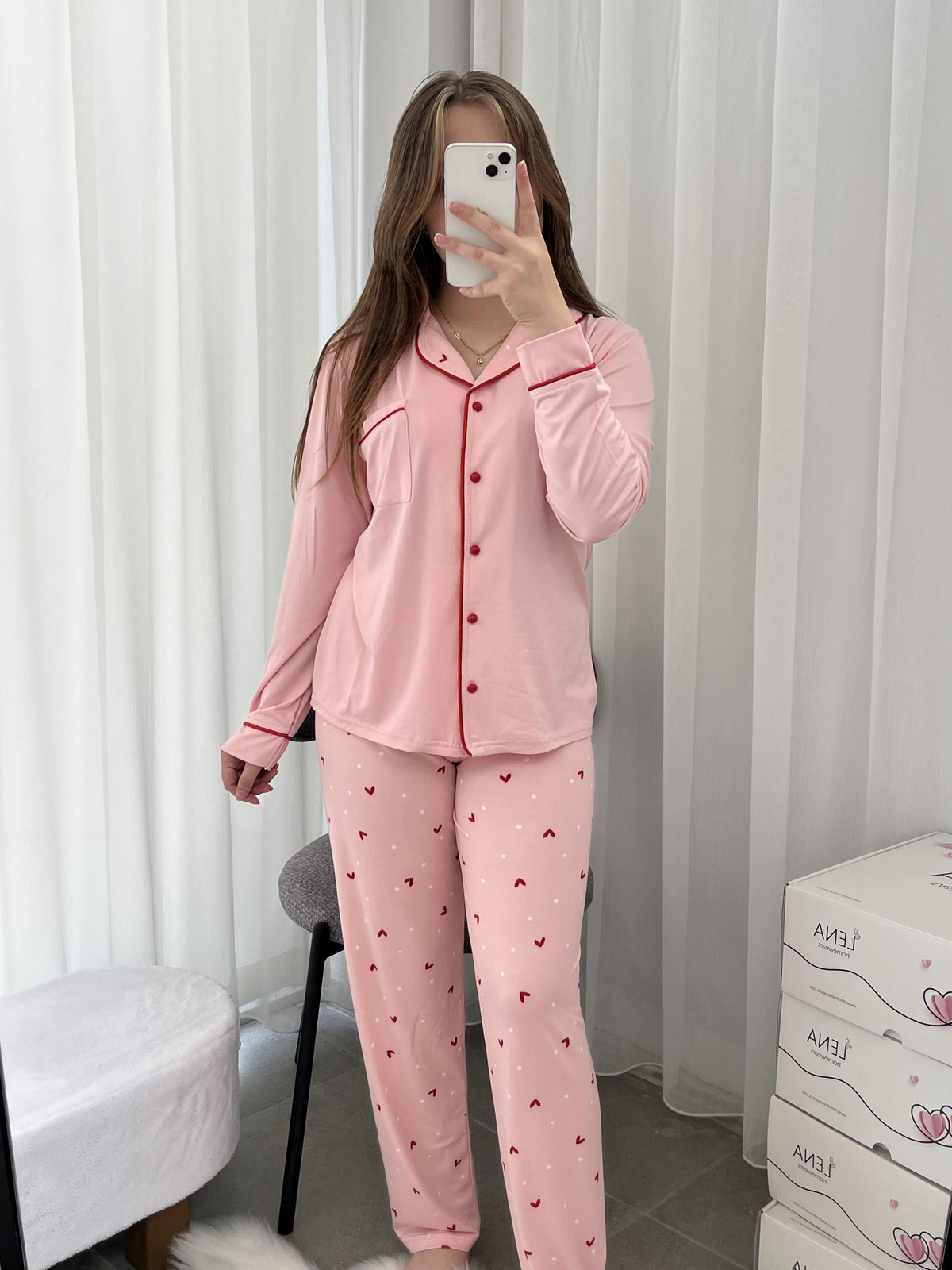 Pembe Kalp Desenli Dörtlü Pijama Seti