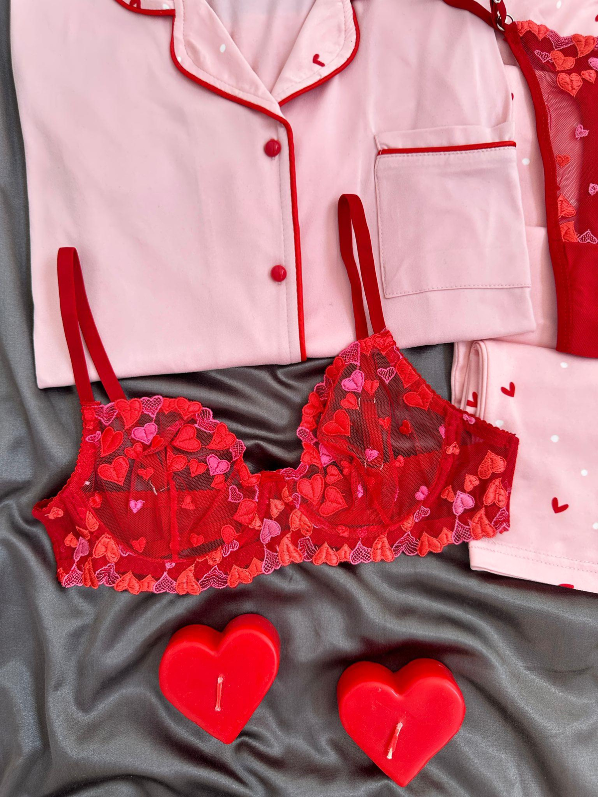 Pembe Kalp Desenli Dörtlü Pijama Seti