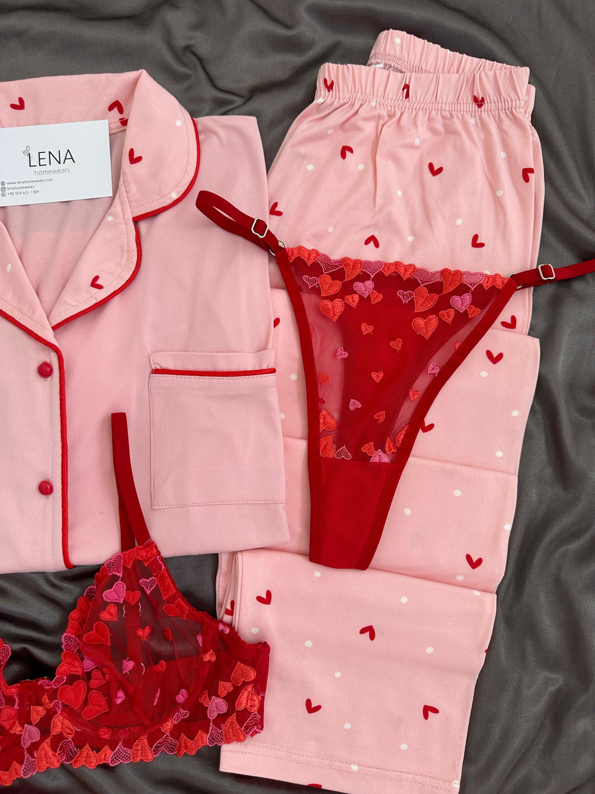 Pembe Kalp Desenli Dörtlü Pijama Seti