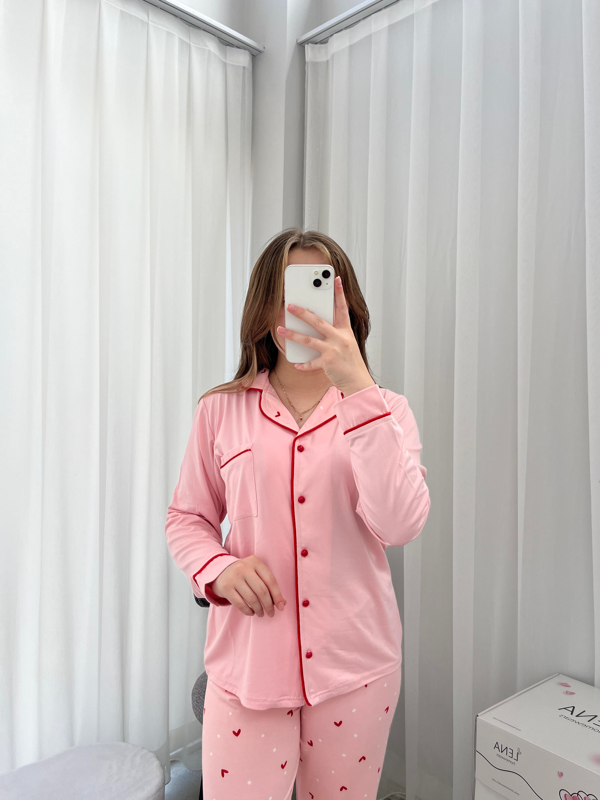 Pembe Kalp Desenli Dörtlü Pijama Seti