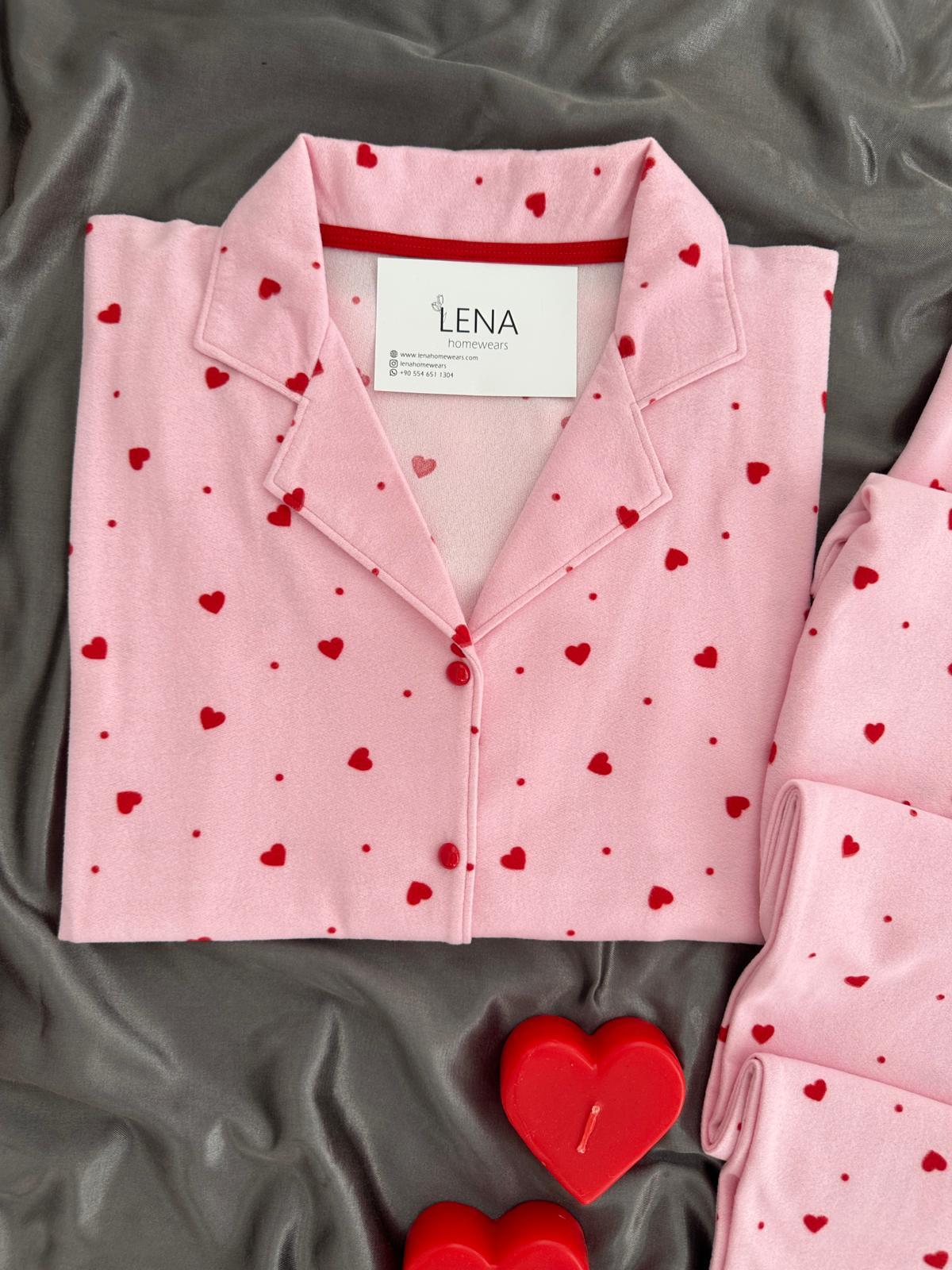 Pembe Kalp Desenli Düğmeli Termosoft Pijama Takımı