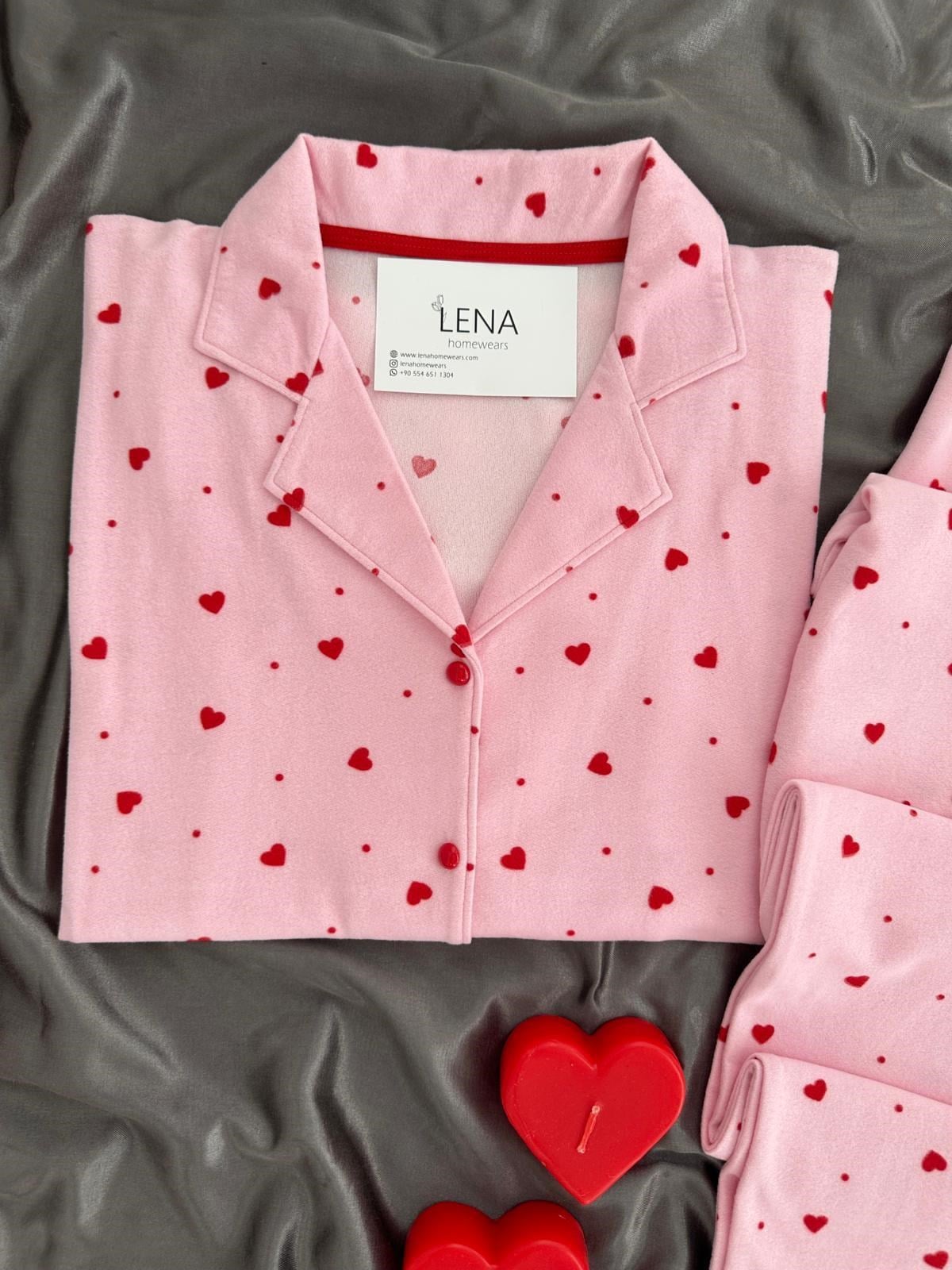 Pembe Kalp Desenli Düğmeli Termosoft Pijama Takımı
