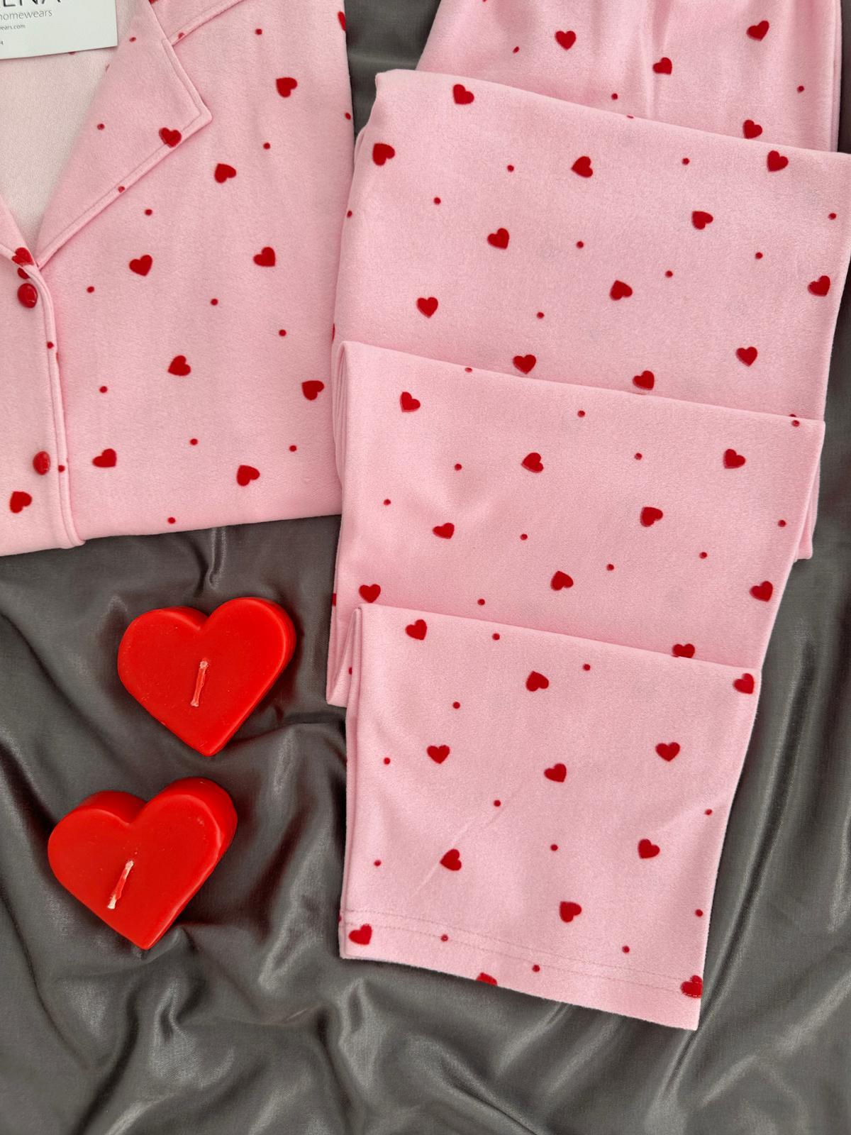 Pembe Kalp Desenli Düğmeli Termosoft Pijama Takımı
