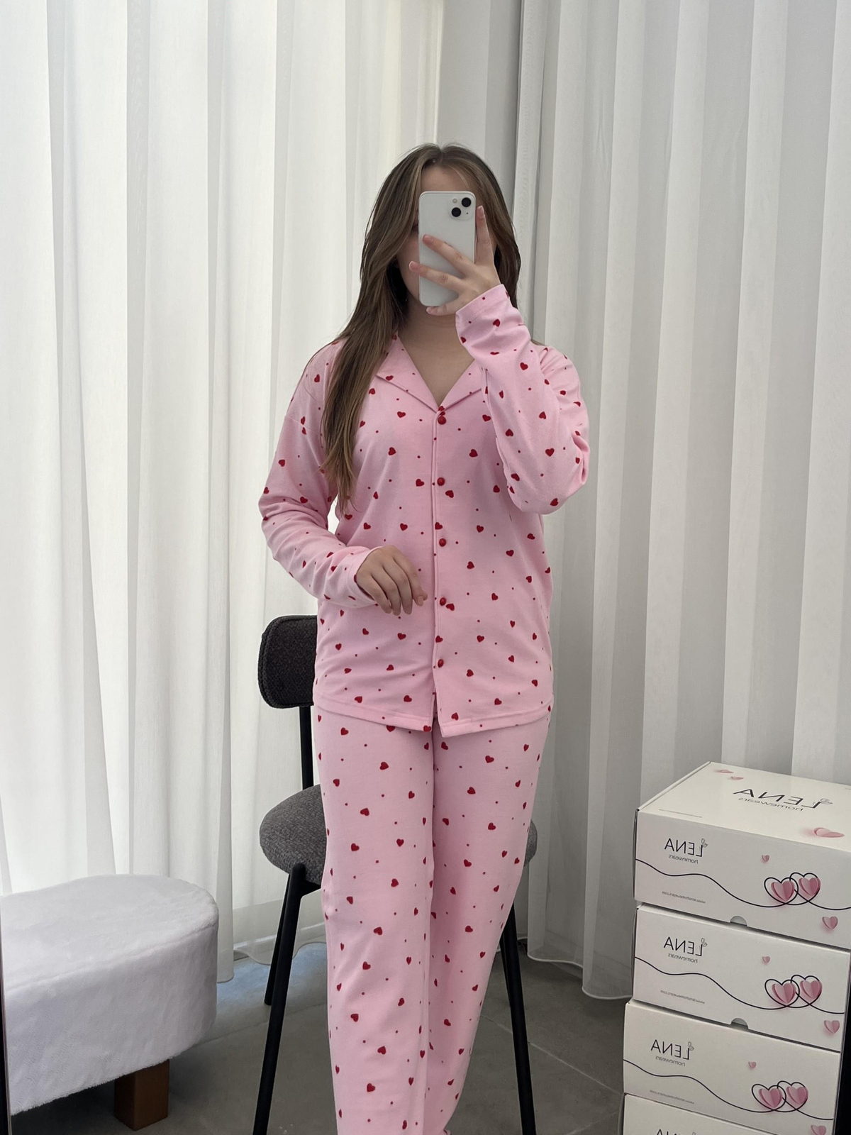 Pembe Kalp Desenli Düğmeli Termosoft Pijama Takımı