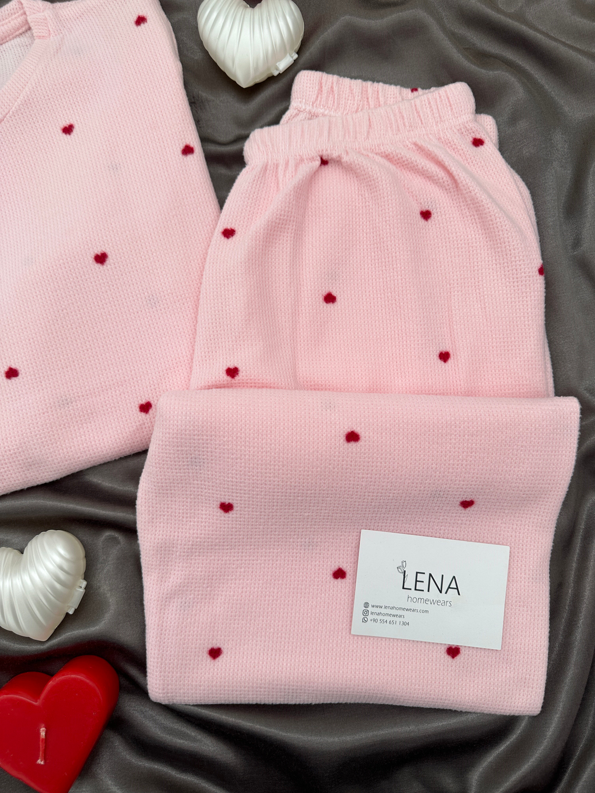 Pembe Kalp Desenli Waffle Pijama Takımı