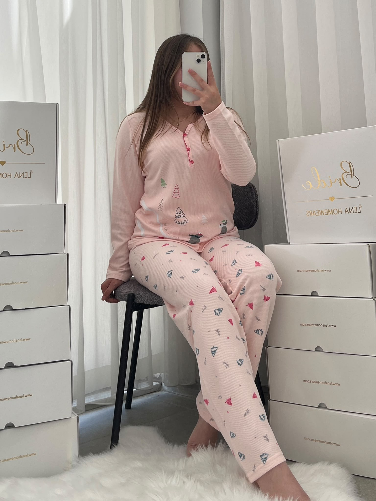 Pembe Kayak Desenli Patlı Waffle Pijama Takımı