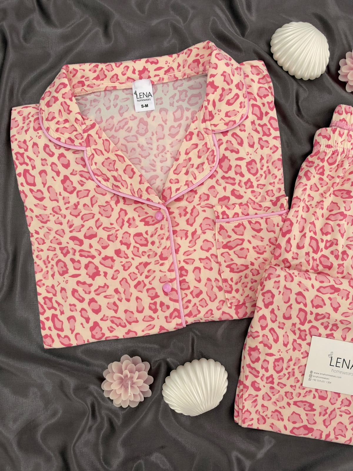 Pembe Leopar Desenli Ekru Milan Uzun Kollu Pijama Takımı