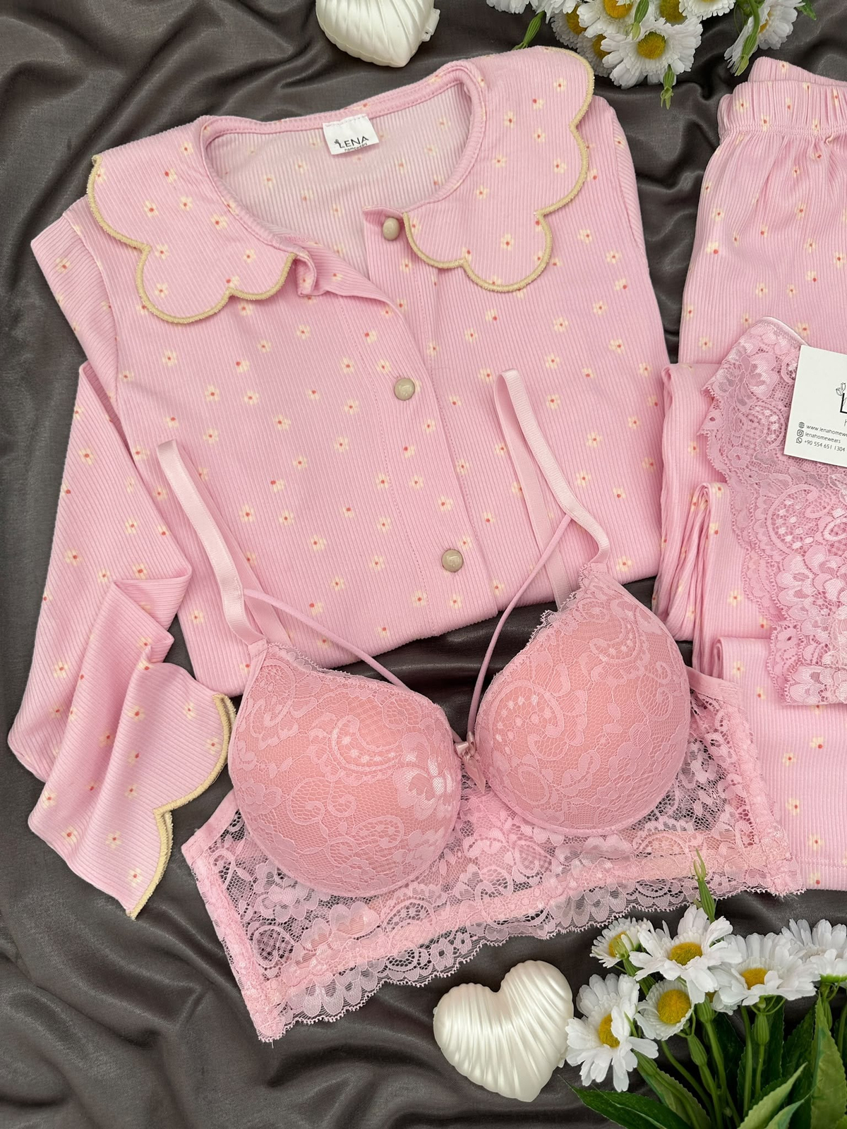 Pembe Nakış 4'lü Pijama & Çamaşır Seti