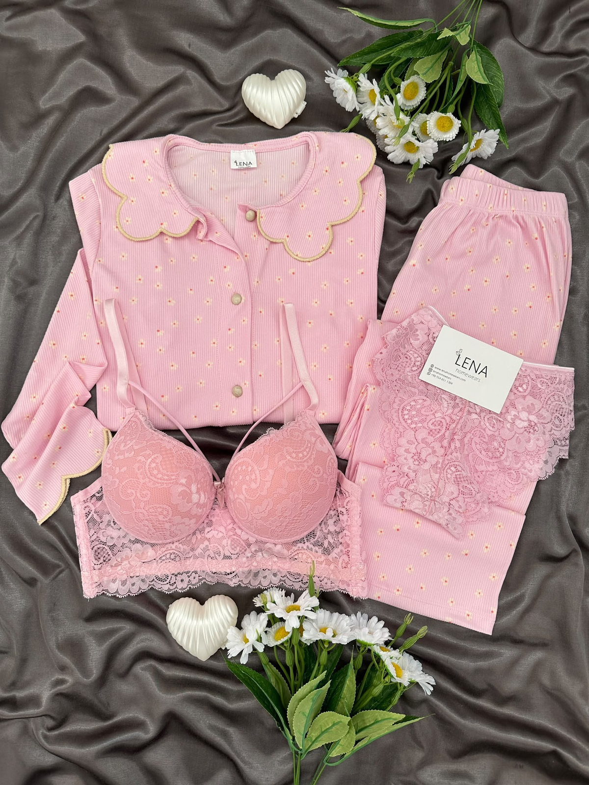 Pembe Nakış 4'lü Pijama & Çamaşır Seti