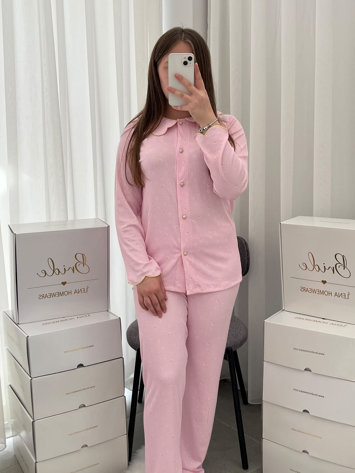 Pembe Nakış Uzun Kollu Berlin Pijama Takımı