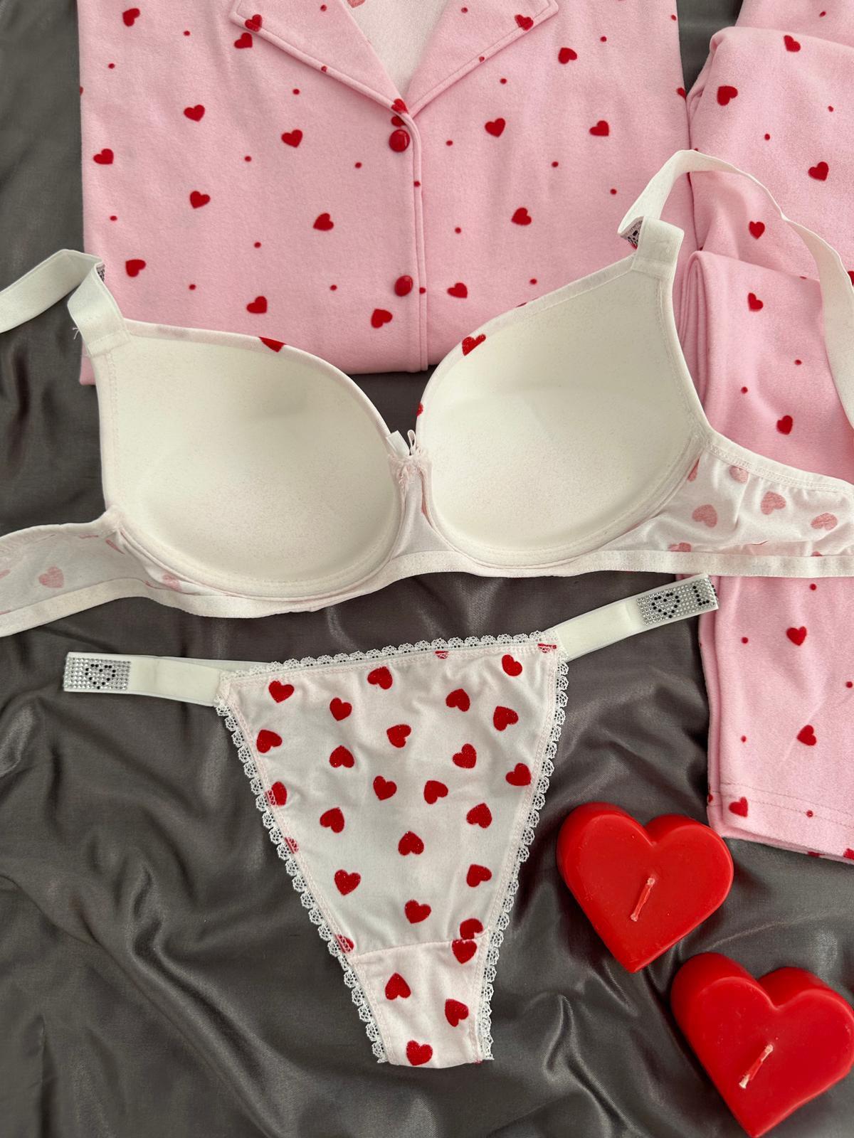 Pembe Süet Kalpli Dörtlü Pijama Seti