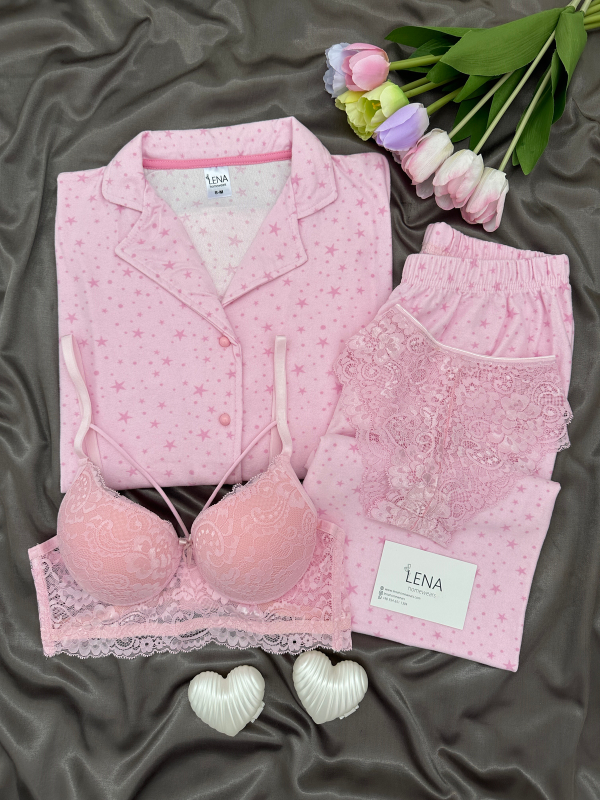 Pembe Yıldız Desenli 4'lü Termosoft Pijama Takımı