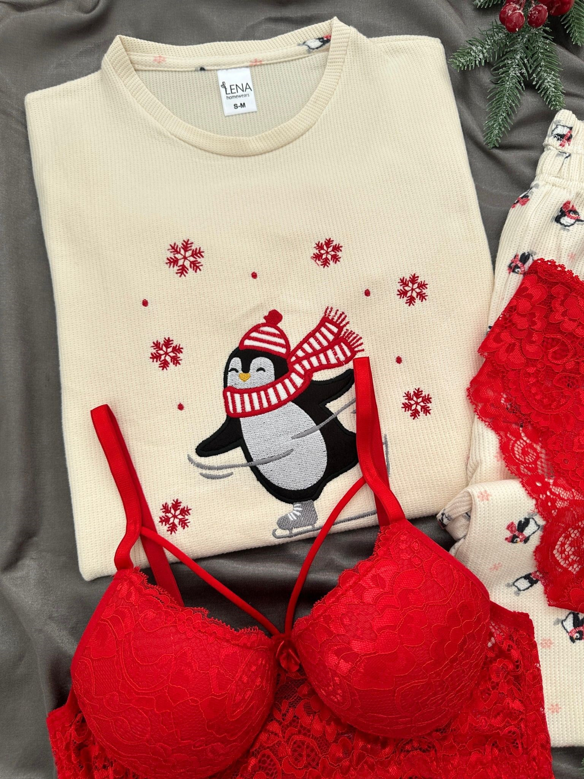 Penguen Desenli 4'lü Waffle Pijama Takımı
