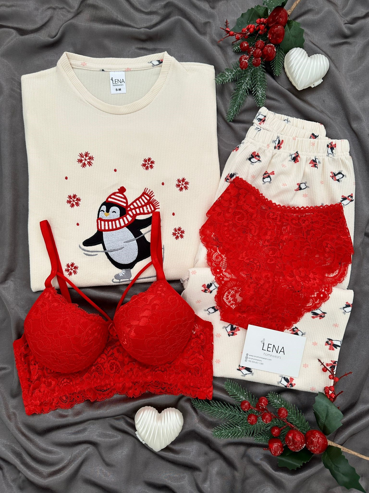 Penguen Desenli 4'lü Waffle Pijama Takımı