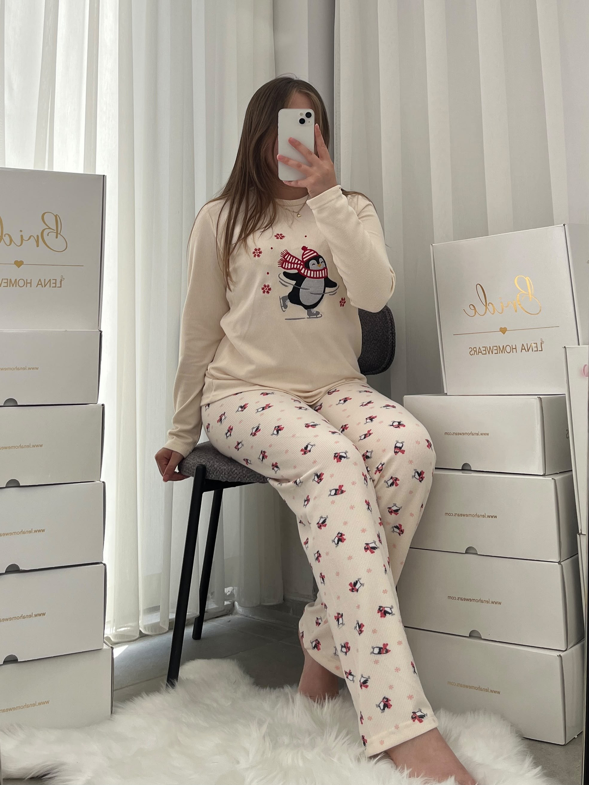 Penguen İşlemeli 4'lü Waffle Pijama Takımı