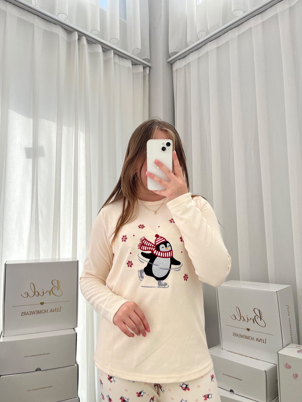 Penguen İşlemeli Waffle Pijama Takımı